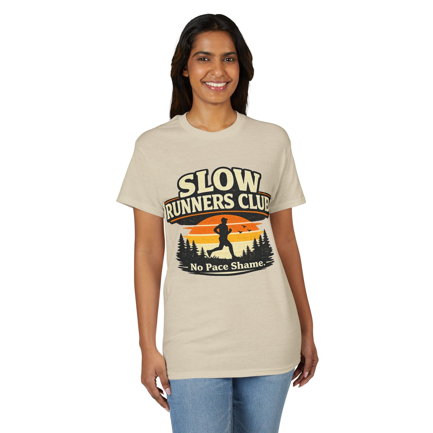 Slow Runners Club No Pace Shame T-Shirt | Retro Sunset Trail Running Shirt