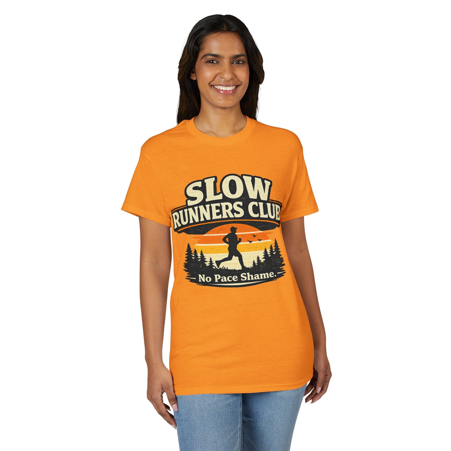 Slow Runners Club No Pace Shame T-Shirt | Retro Sunset Trail Running Shirt