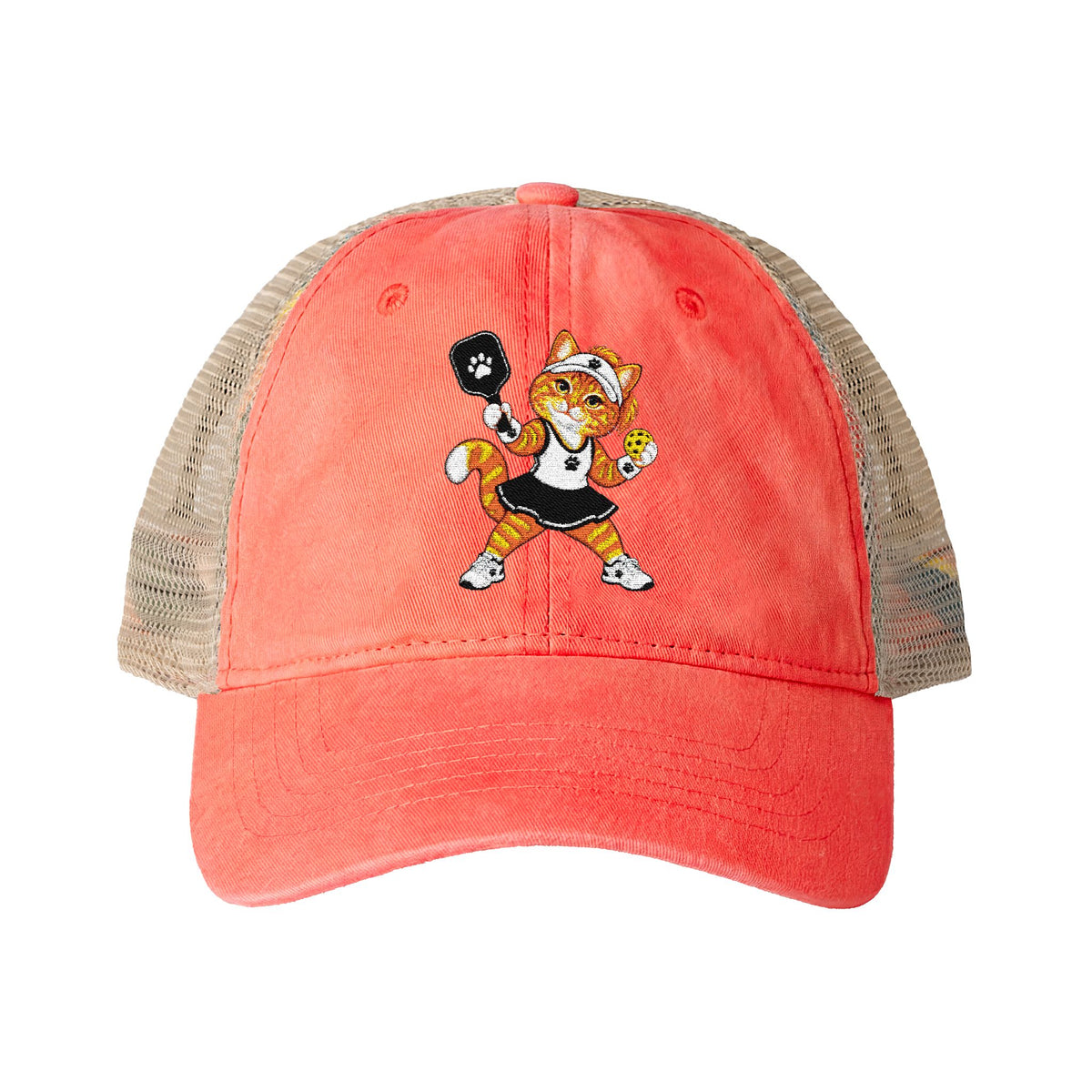 Pickleball Orange Cat Embroidered Women's Washed Mesh-Back Cap