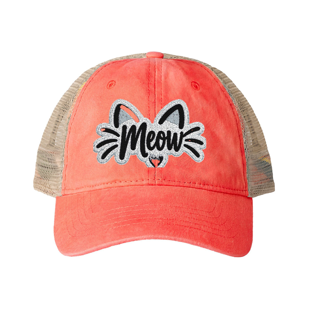 Meow Cat Embroidered Women's Washed Mesh-Back Cap