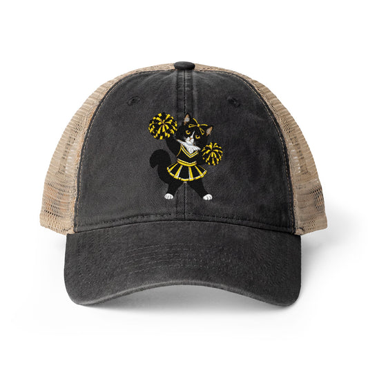 Tuxedo Cat embroidered Women's Washed Mesh-Back Cap