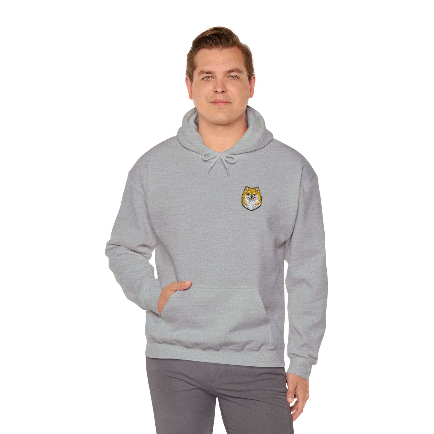Pomeranian embroidered design on hooded sweatshirt