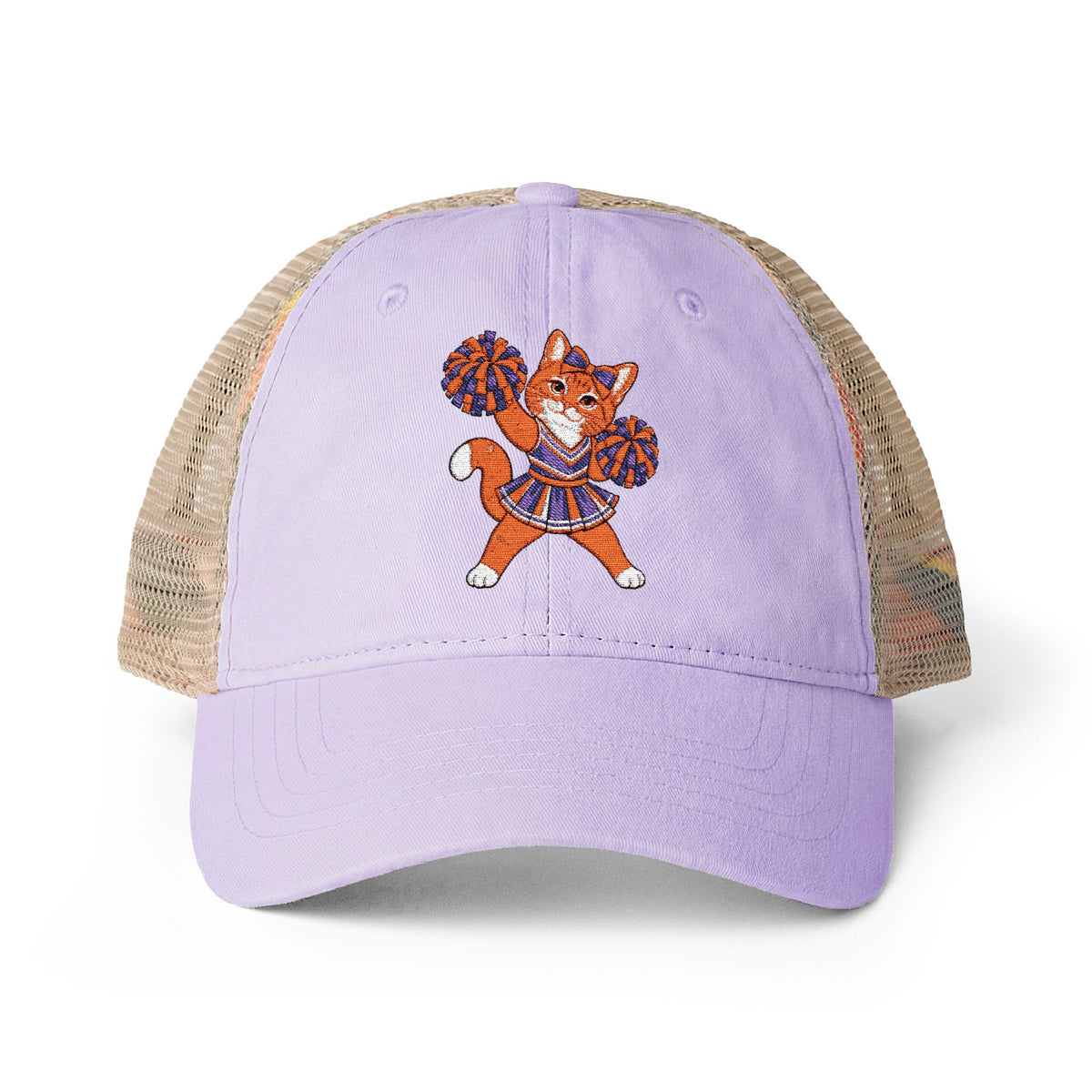 Orange Cheer Cat Embroidered Women's Washed Mesh-Back Cap