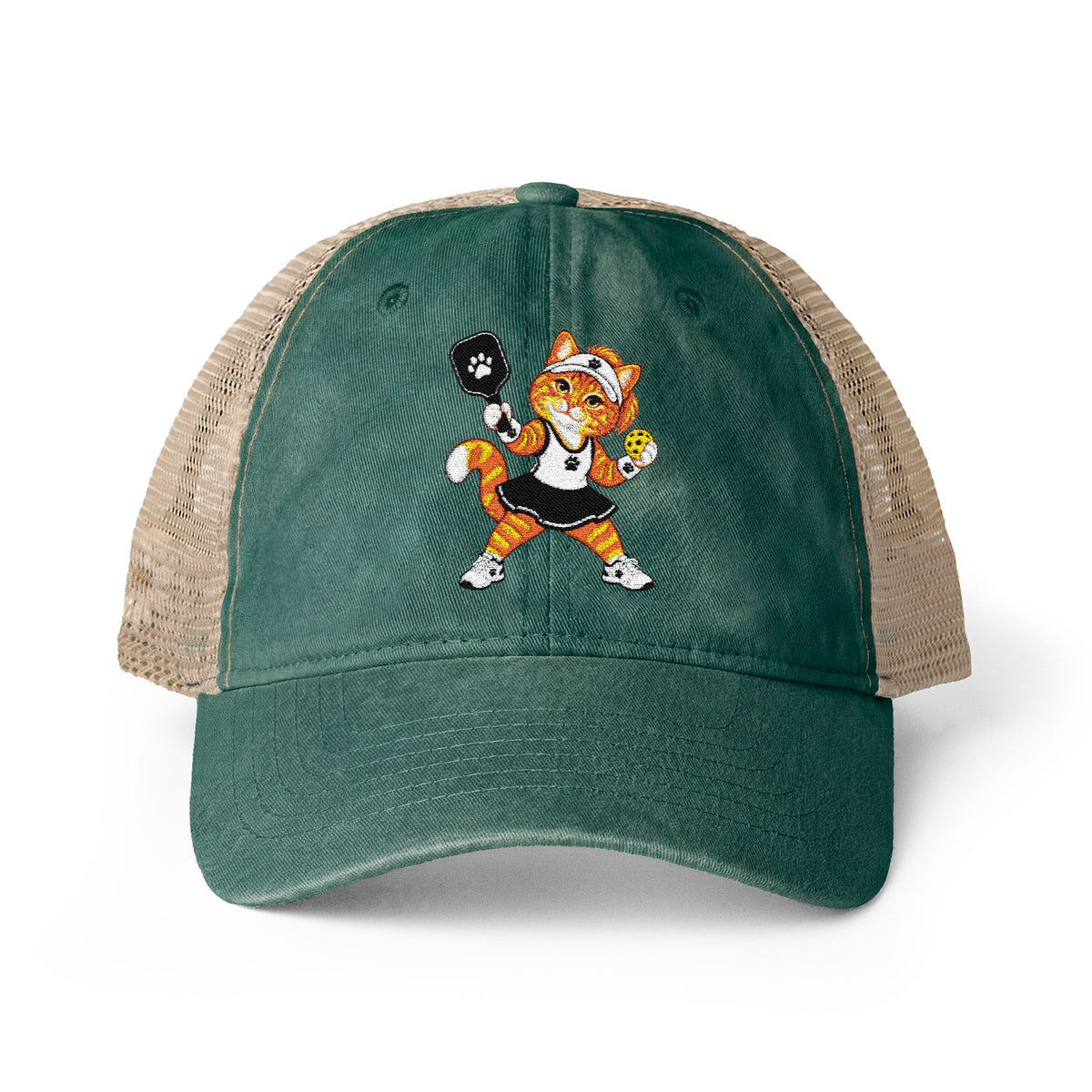 Pickleball Orange Cat Embroidered Women's Washed Mesh-Back Cap
