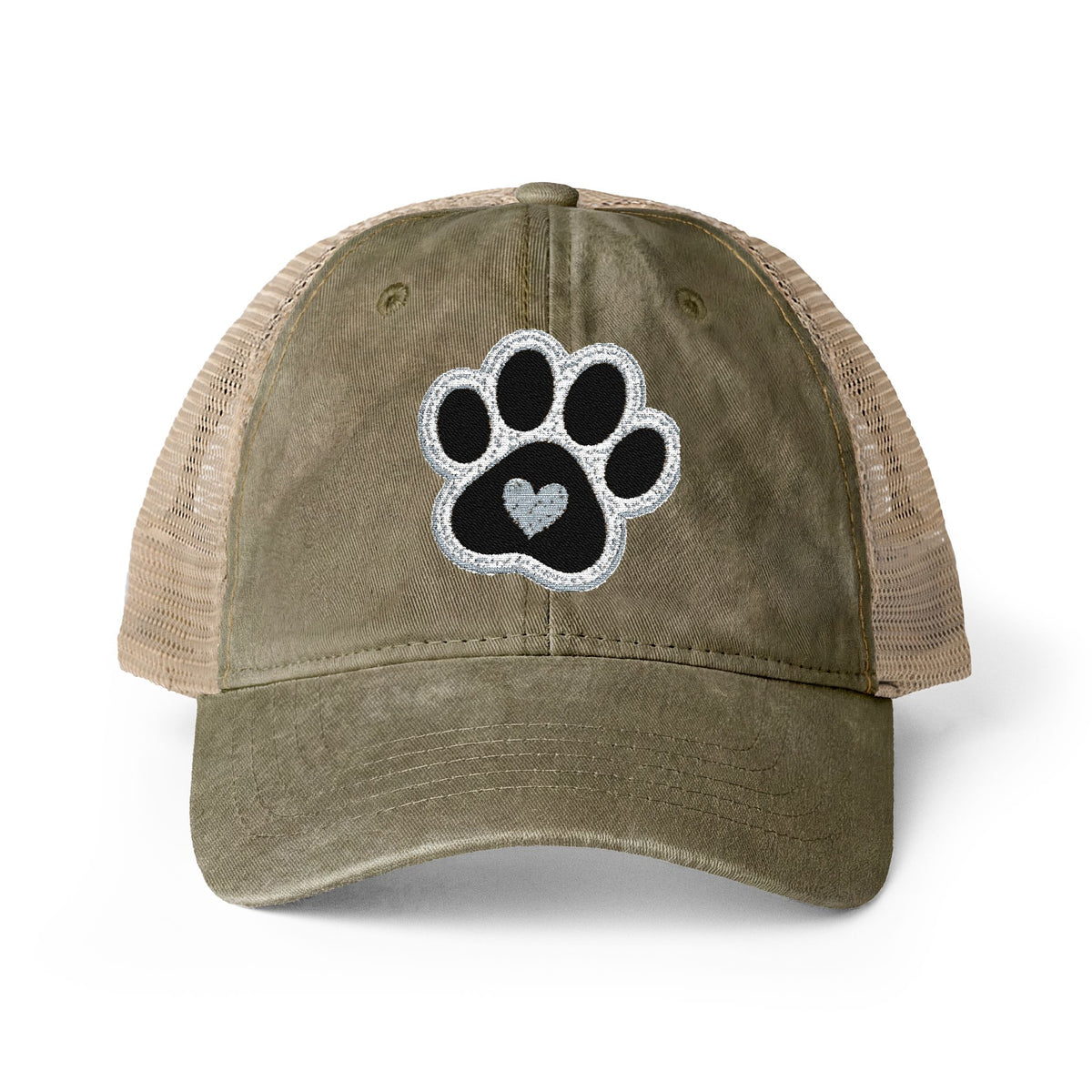 Paw print heart embroidered Women's Washed Mesh-Back Cap