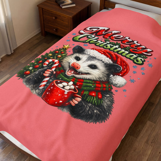 Merry Christmas Opossum Velveteen Plush Blanket