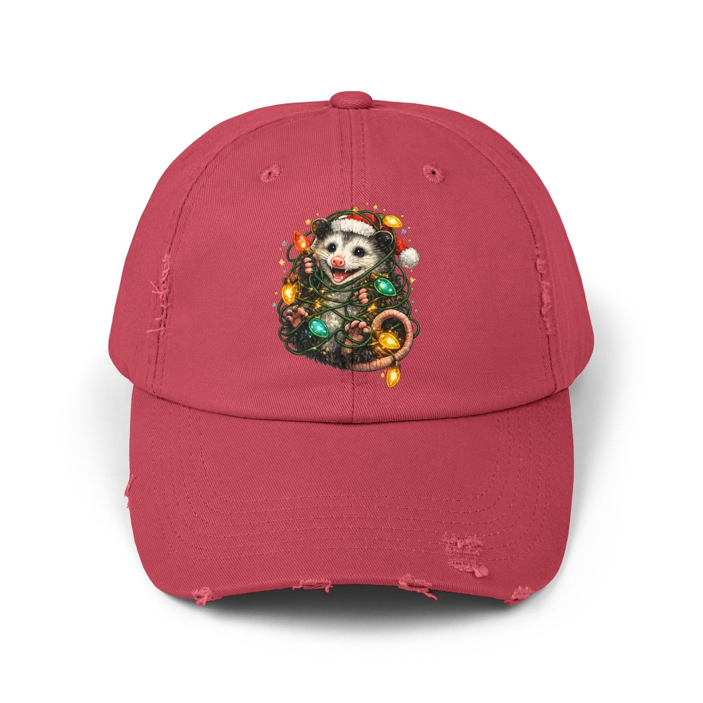 Christmas Opossum Distressed Cap — Cute Opossum Wrapped in Holiday Lights