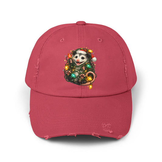 Christmas Opossum Distressed Cap — Cute Opossum Wrapped in Holiday Lights