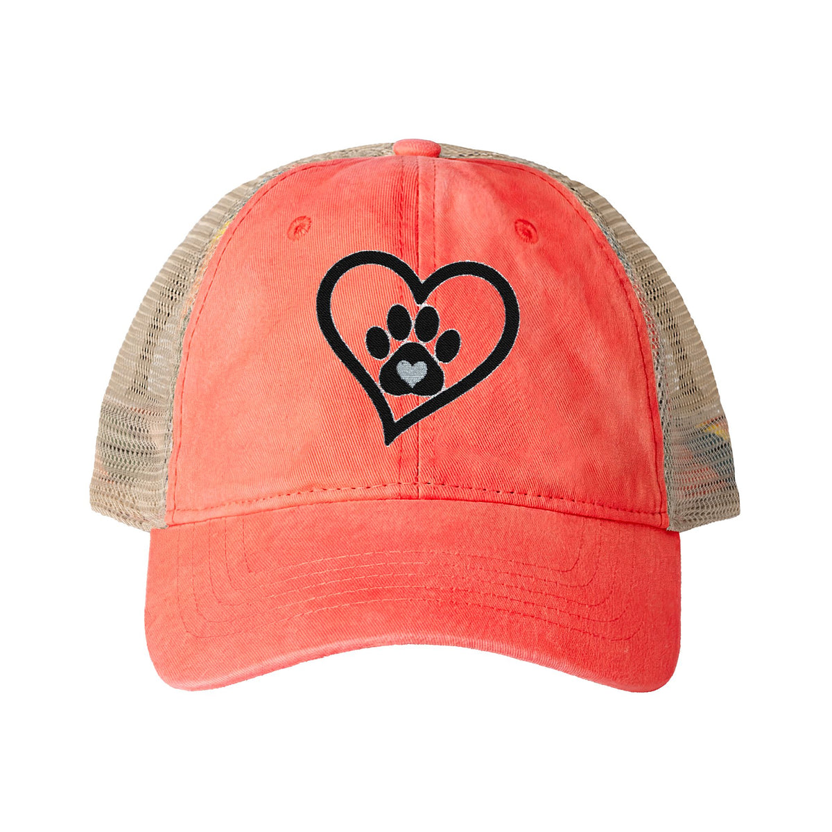 Heart Paw Print Embroidered Women's Washed Mesh-Back Cap