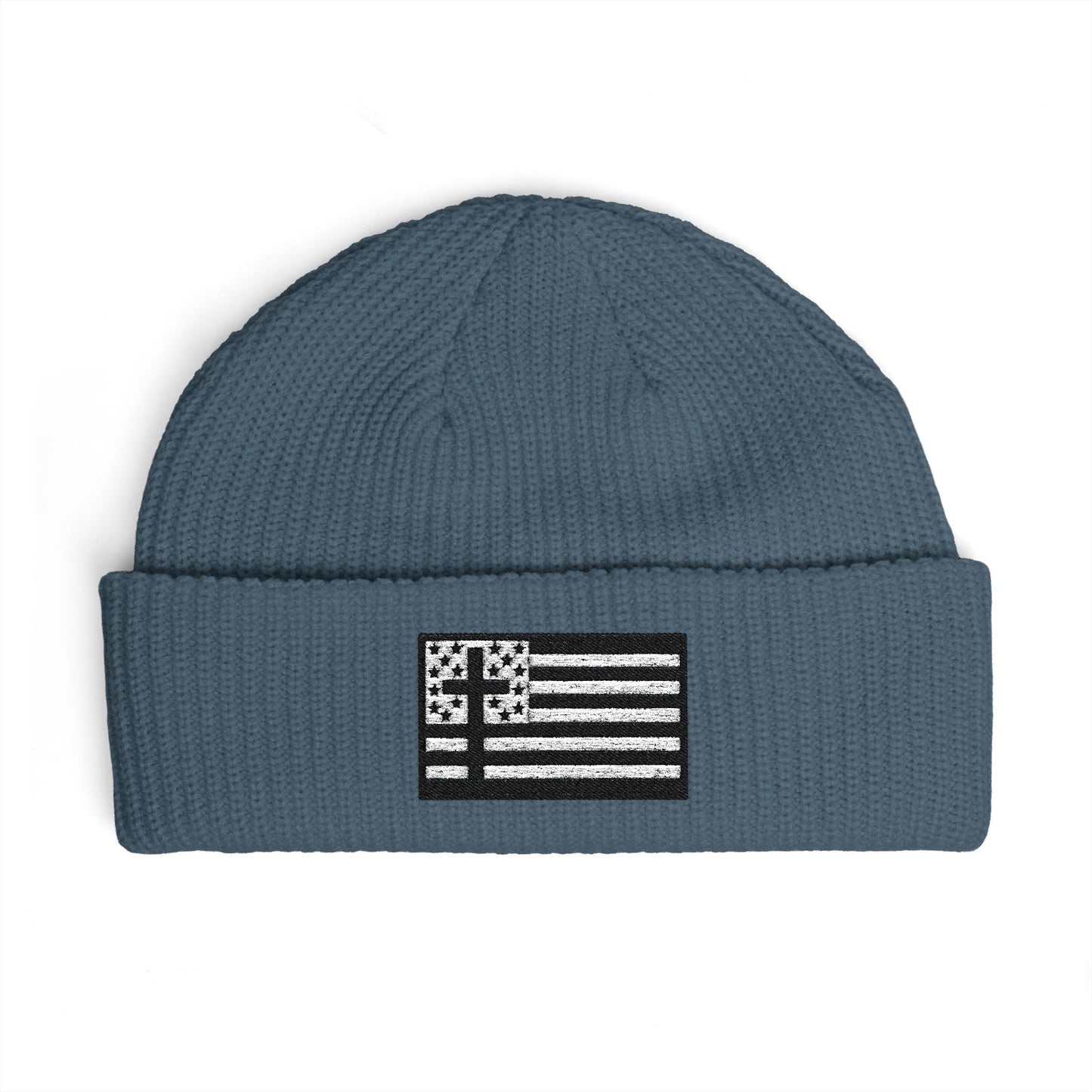 Cuffed Beanie with Black & White American Flag with Cross Patch — Patriotic Winter Knit Hat