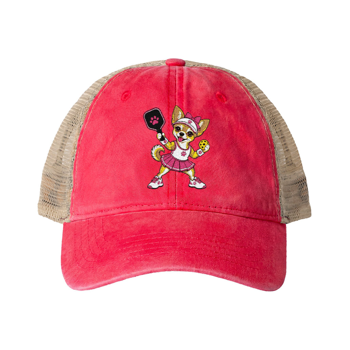 Pickleball Chihuahua Embroidered Women's Washed Mesh-Back Cap