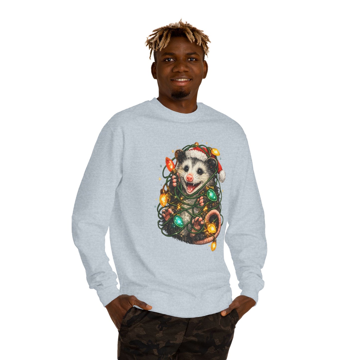 Christmas Opossum Sweatshirt — Cute Opossum Wrapped in Holiday Lights