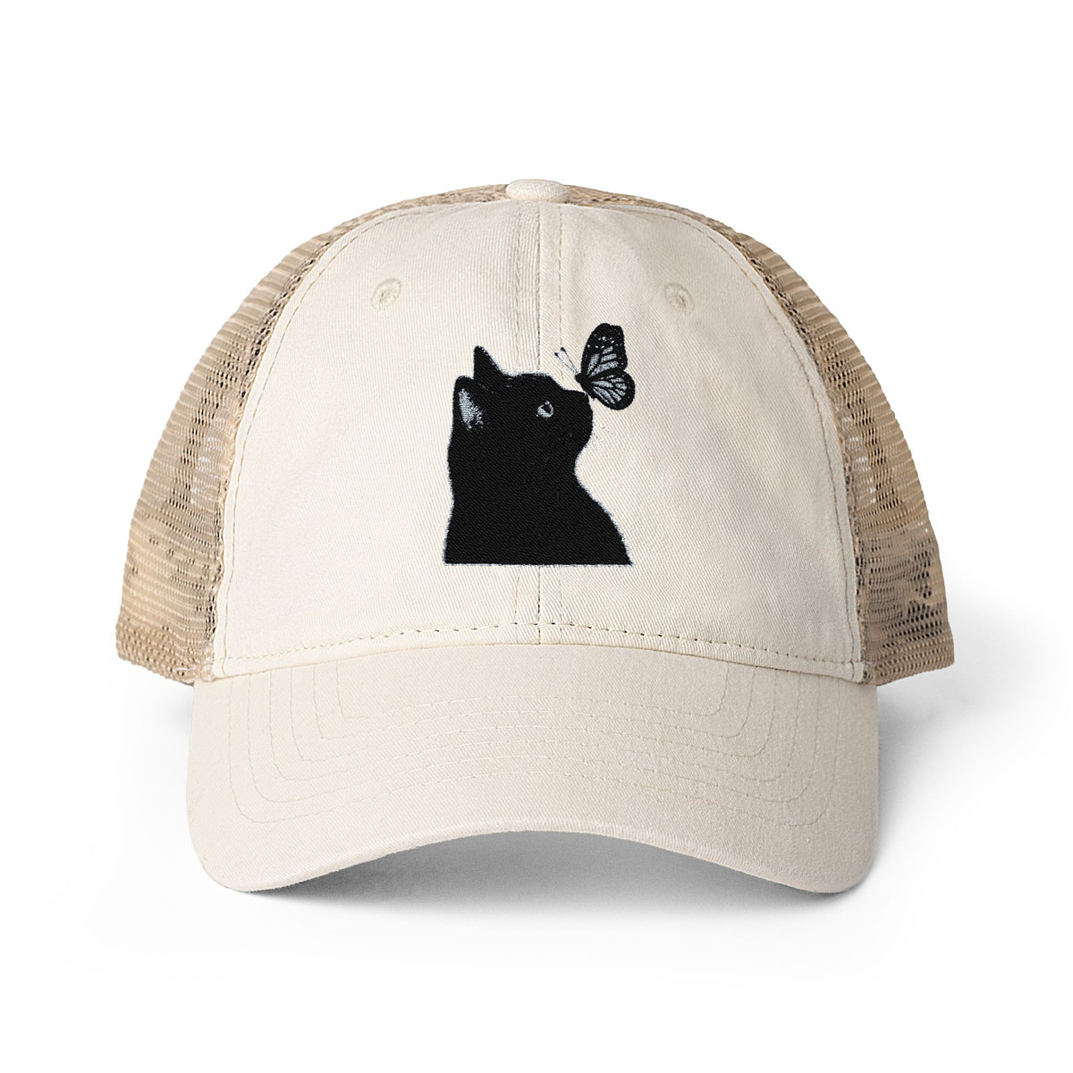 Black Cat embroidered Women's Washed Mesh-Back Cap