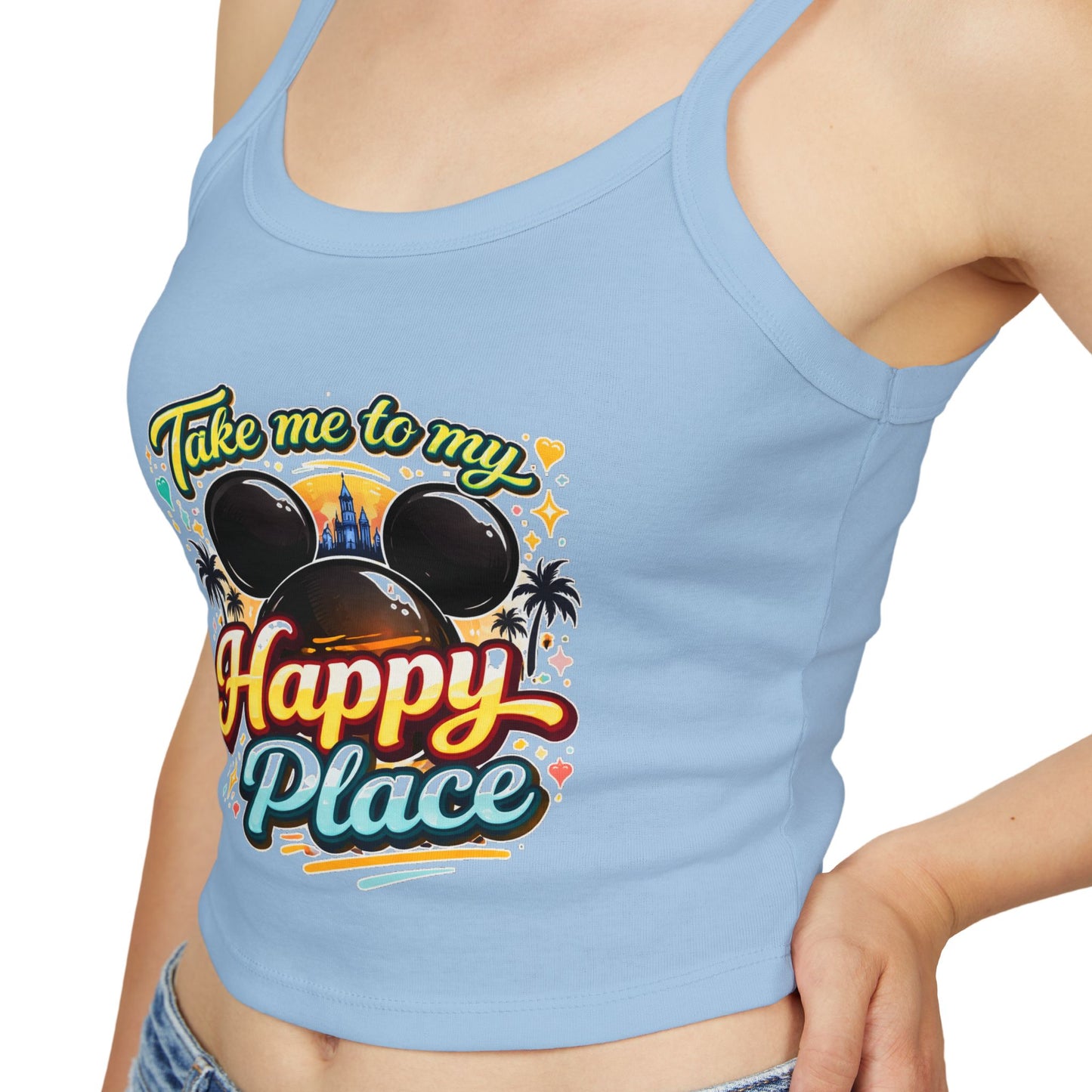 Take Me to My Happy Place tank top | Mickey ears, palm trees, retro script