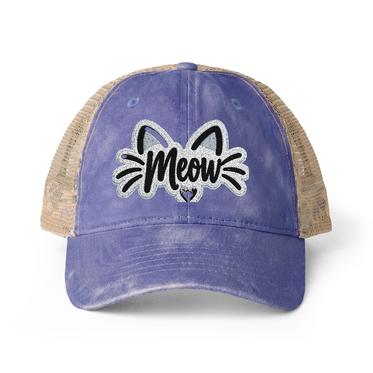 Meow Cat Embroidered Women's Washed Mesh-Back Cap