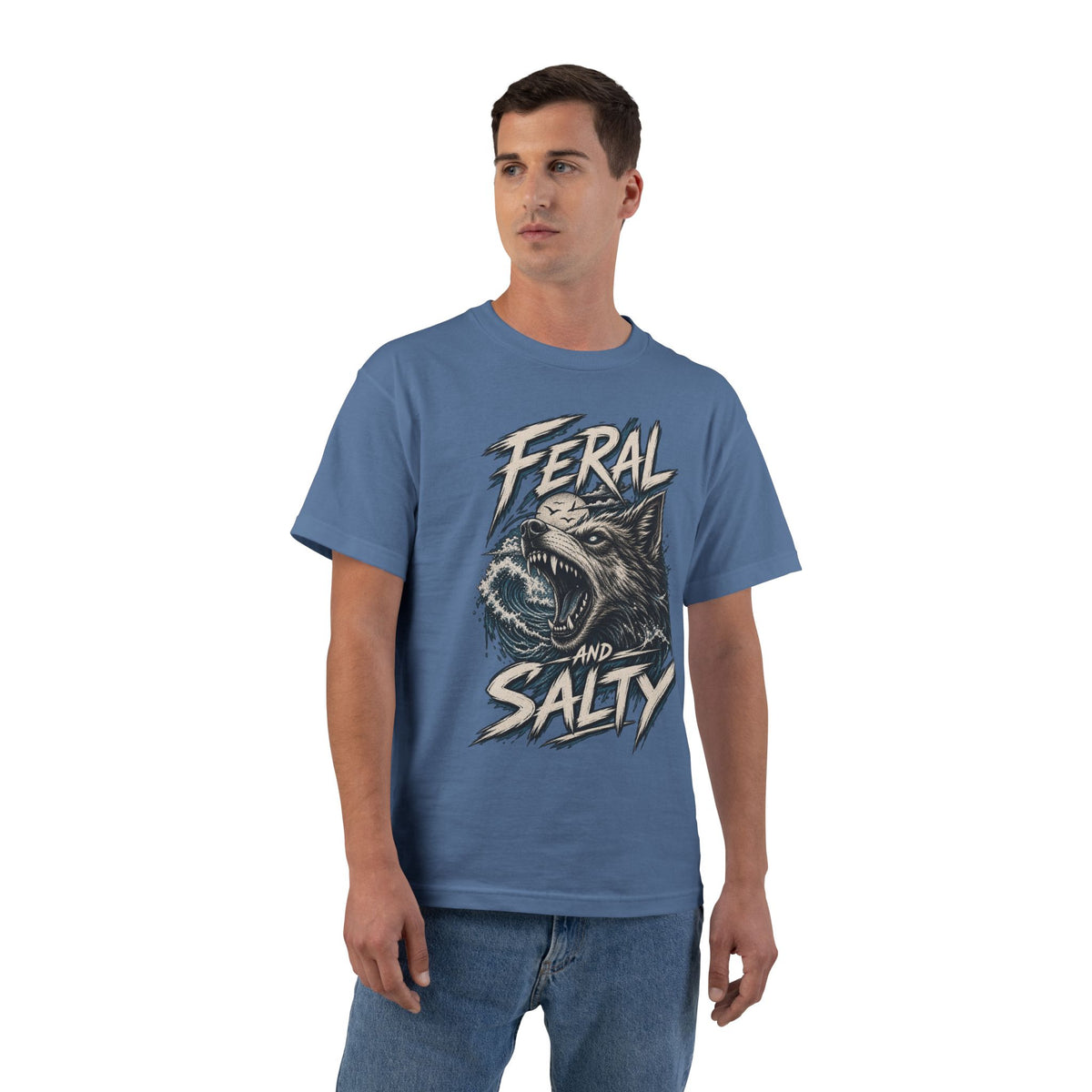 Feral and Salty Wolf Ocean T-Shirt — Graphic Animal Tee for Outdoor & Casual Wear