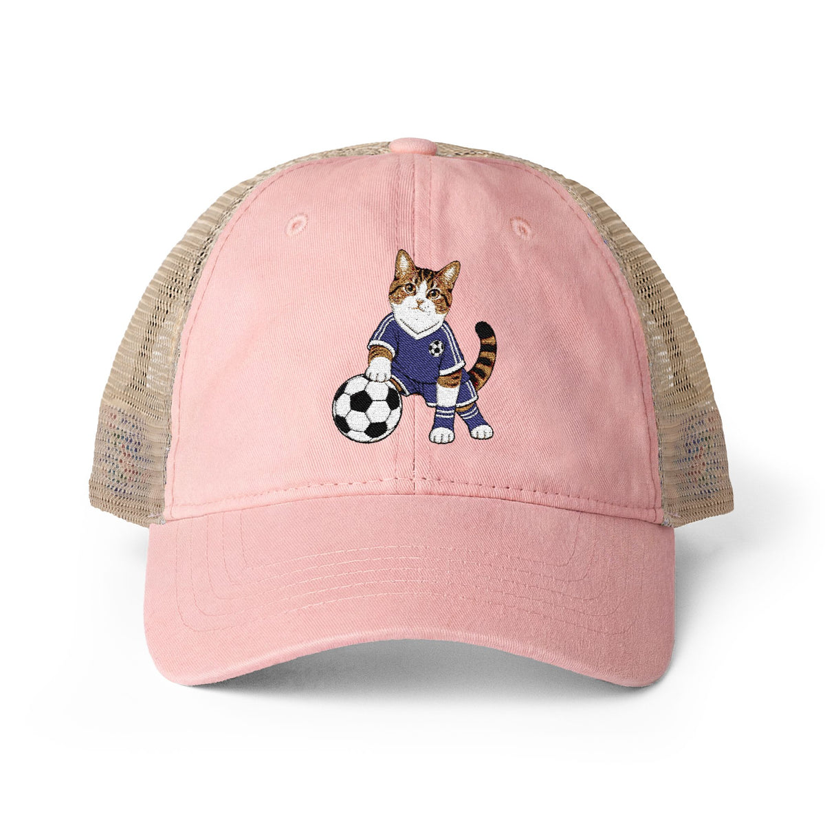 Soccer Cat Embroidered Women's Washed Mesh-Back Cap