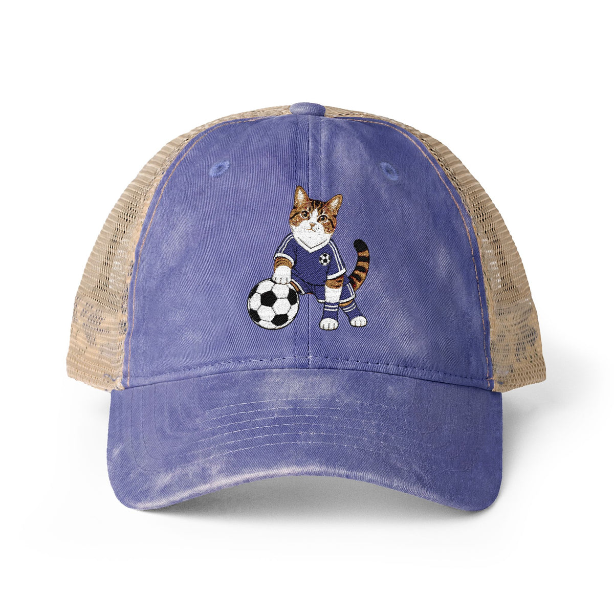 Soccer Cat Embroidered Women's Washed Mesh-Back Cap
