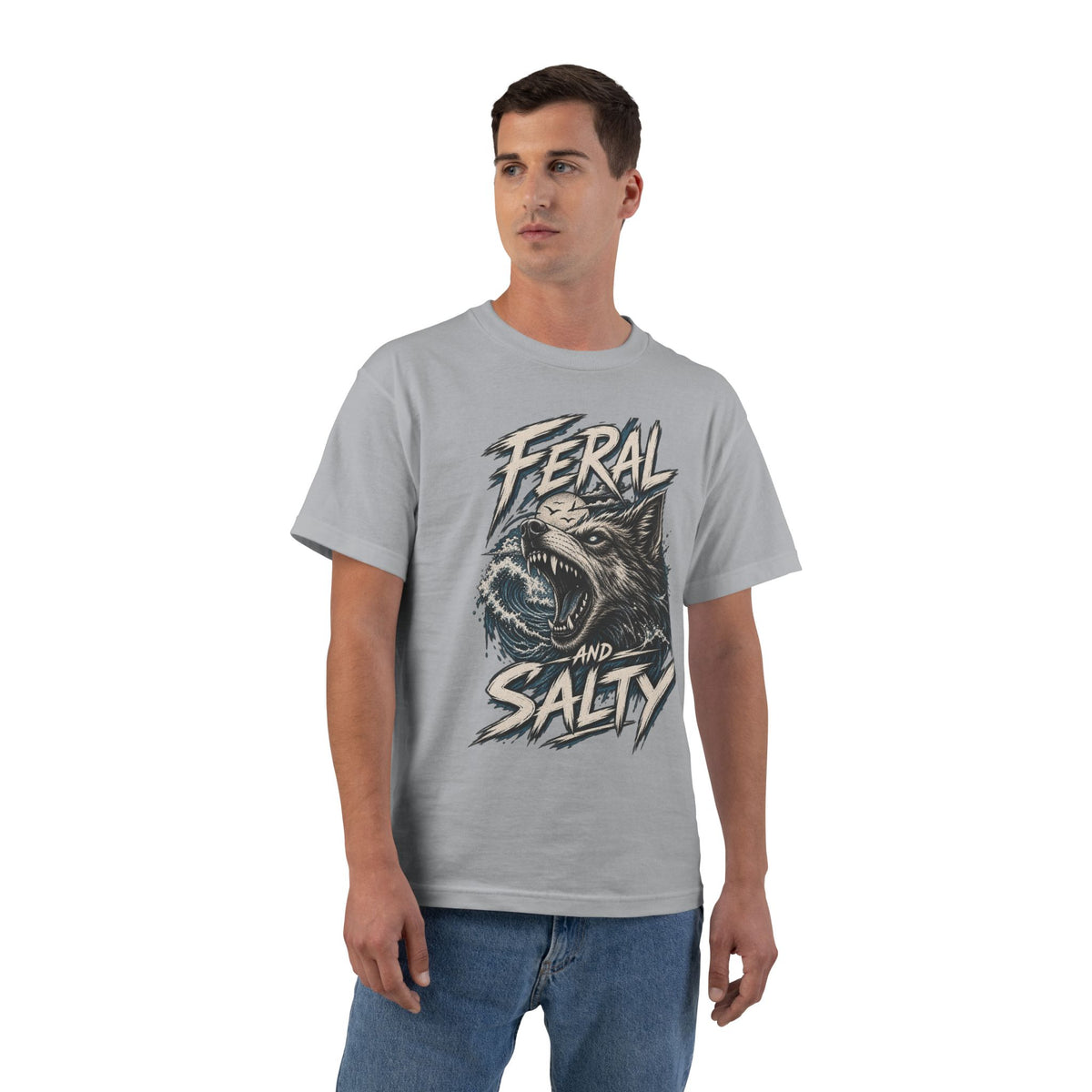 Feral and Salty Wolf Ocean T-Shirt — Graphic Animal Tee for Outdoor & Casual Wear