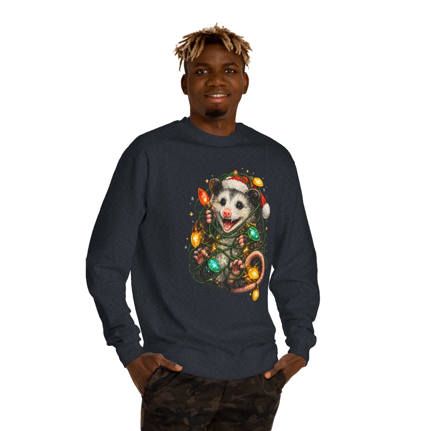 Christmas Opossum Sweatshirt — Cute Opossum Wrapped in Holiday Lights