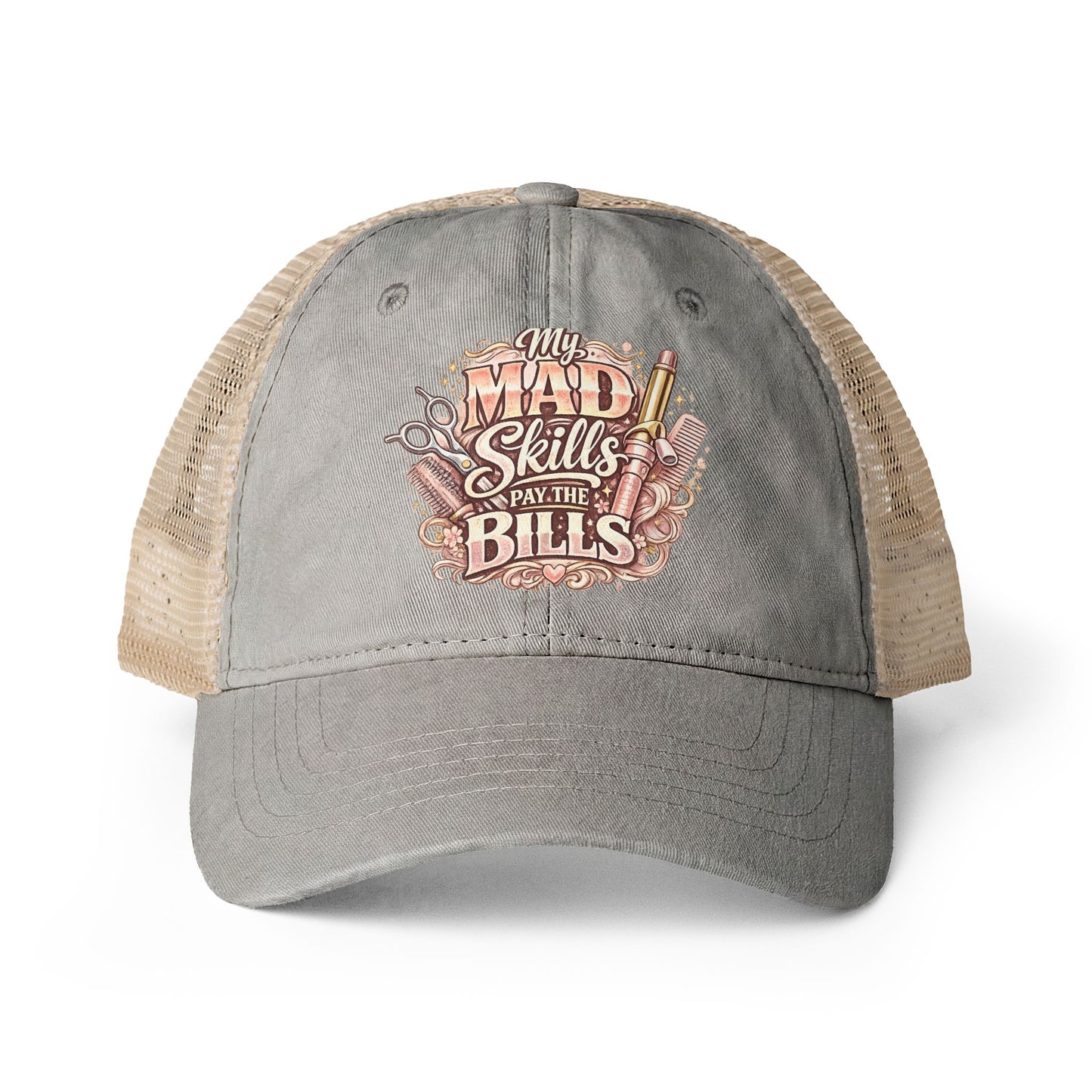 Mesh-Back Cap with surprise print under visor/ My Mad Skills Pay the Bills hairstylist