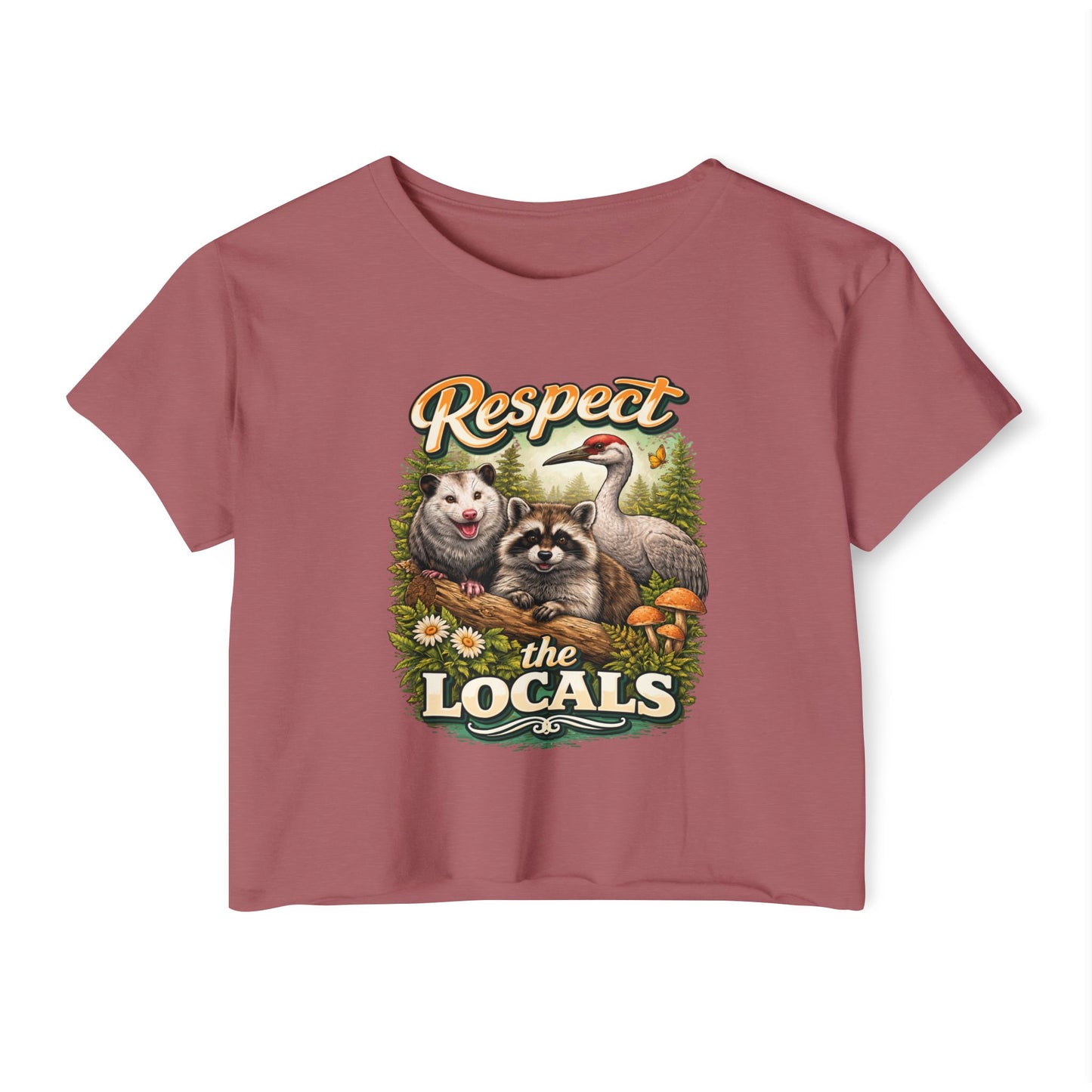 Respect the Locals Crop Top | Raccoon Opossum Sandhill Crane Nature Graphic Wildlife conservation