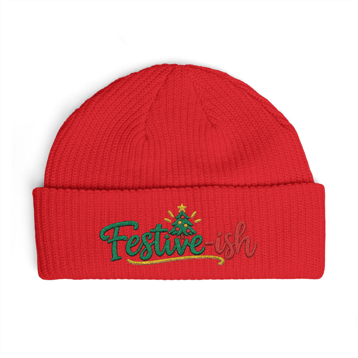 Festive-ish Cuff Beanie — Embroidered Holiday Knit Hat