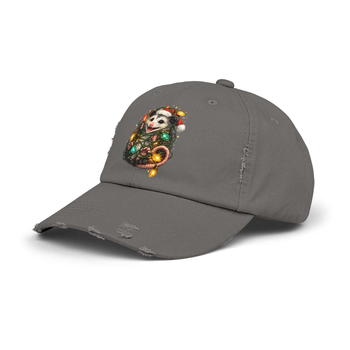 Christmas Opossum Distressed Cap — Cute Opossum Wrapped in Holiday Lights