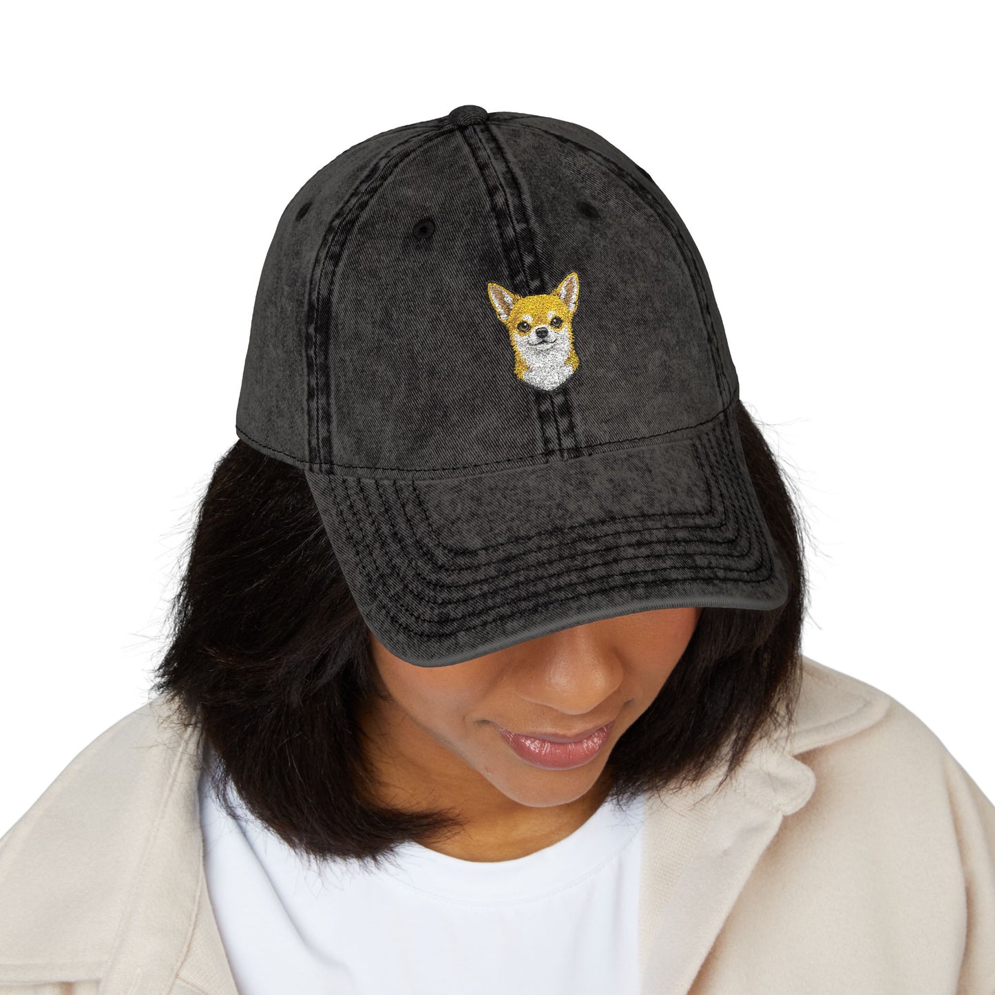 Embroidered Chihuahua Dog Face Cap | Vintage Washed Baseball Hat