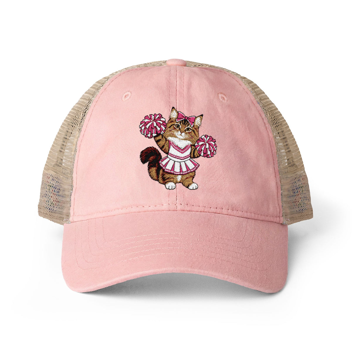Cheerleader Cat Embroidered Women's Washed Mesh-Back Cap