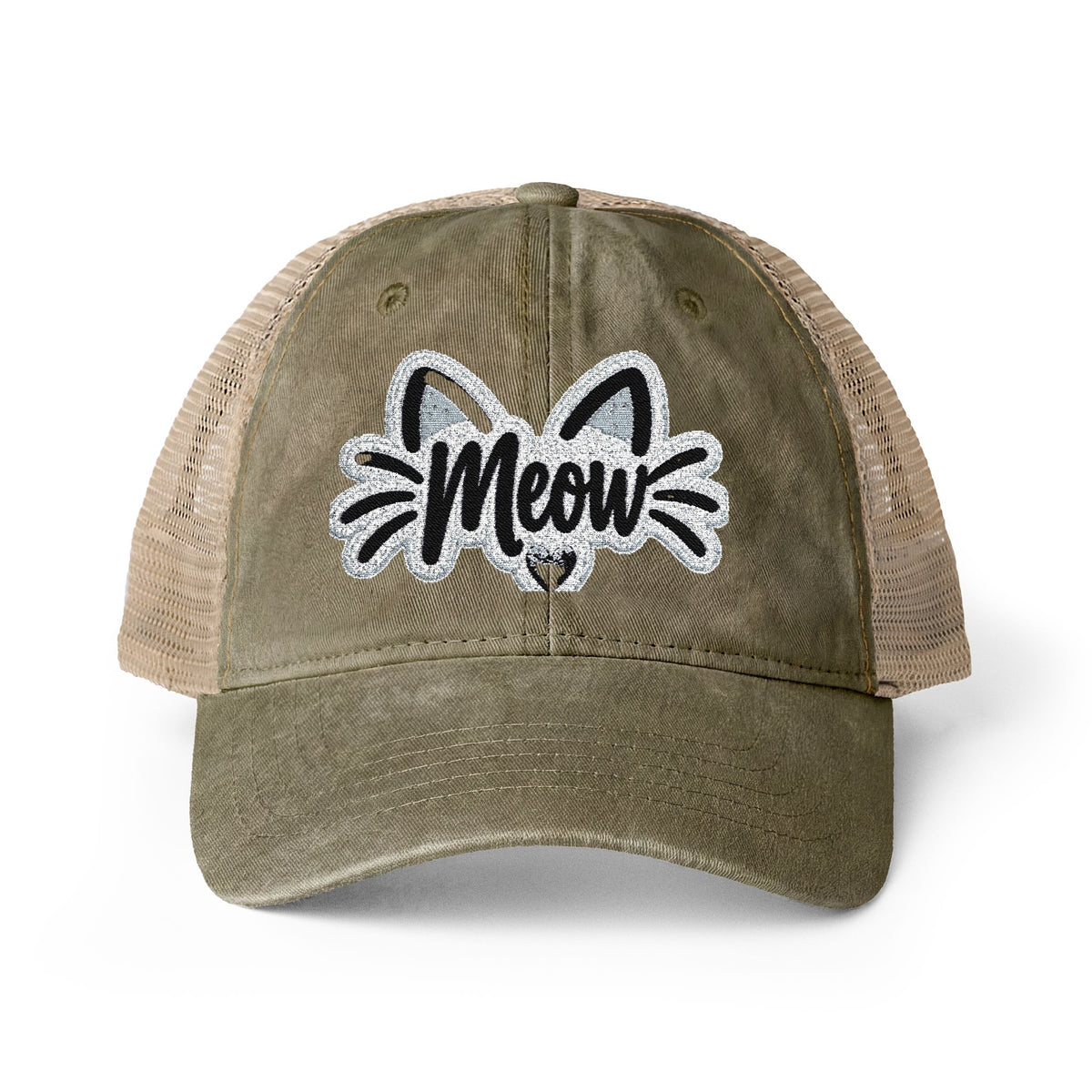 Meow Cat Embroidered Women's Washed Mesh-Back Cap