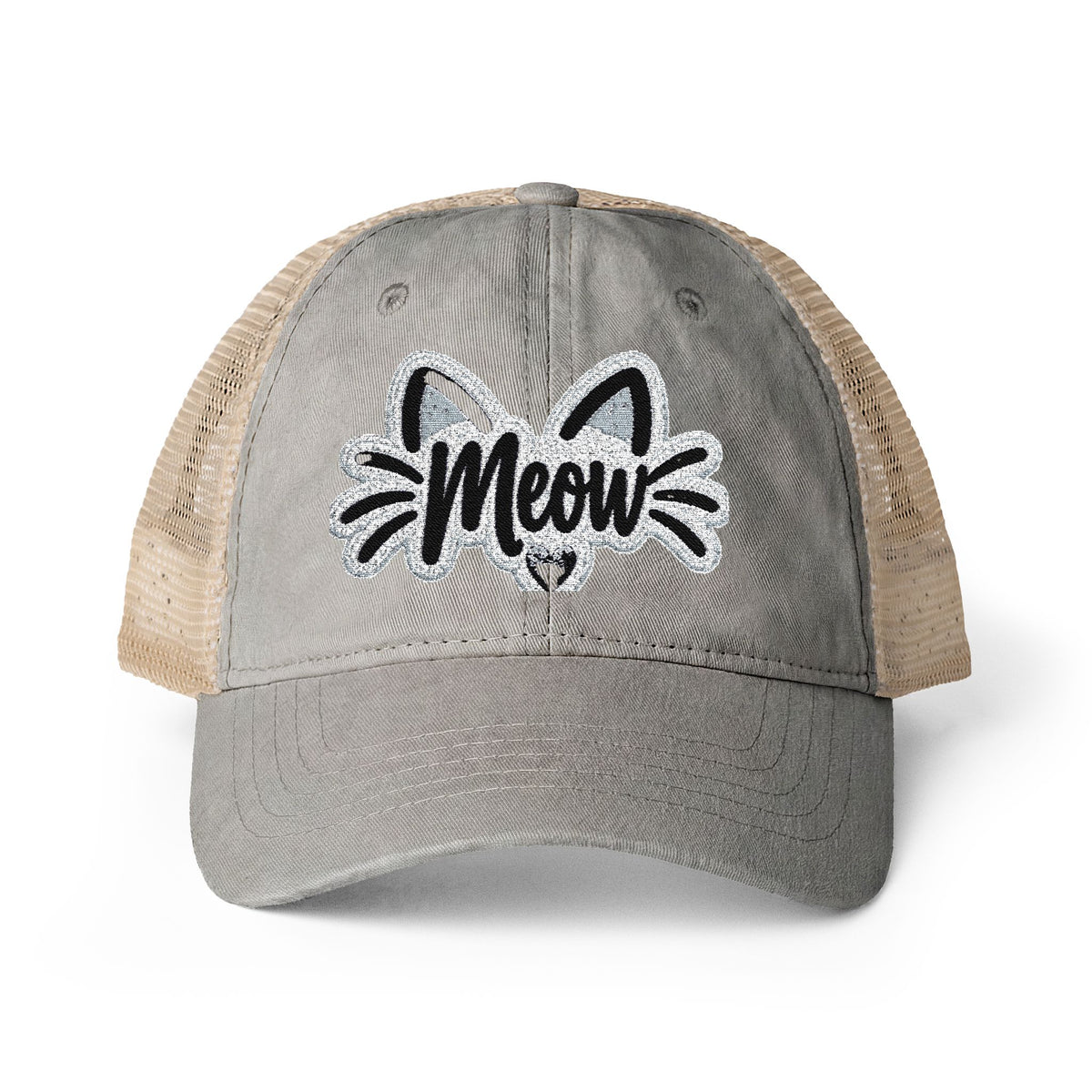 Meow Cat Embroidered Women's Washed Mesh-Back Cap