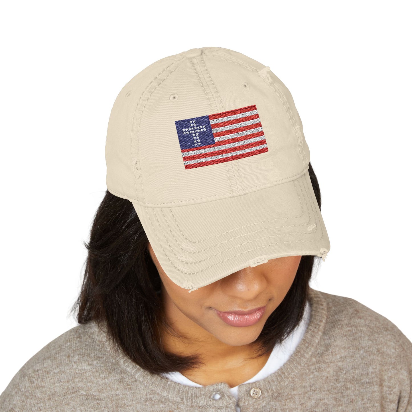 Distressed Embroidered Flag Hat — Vintage American Flag Baseball Cap