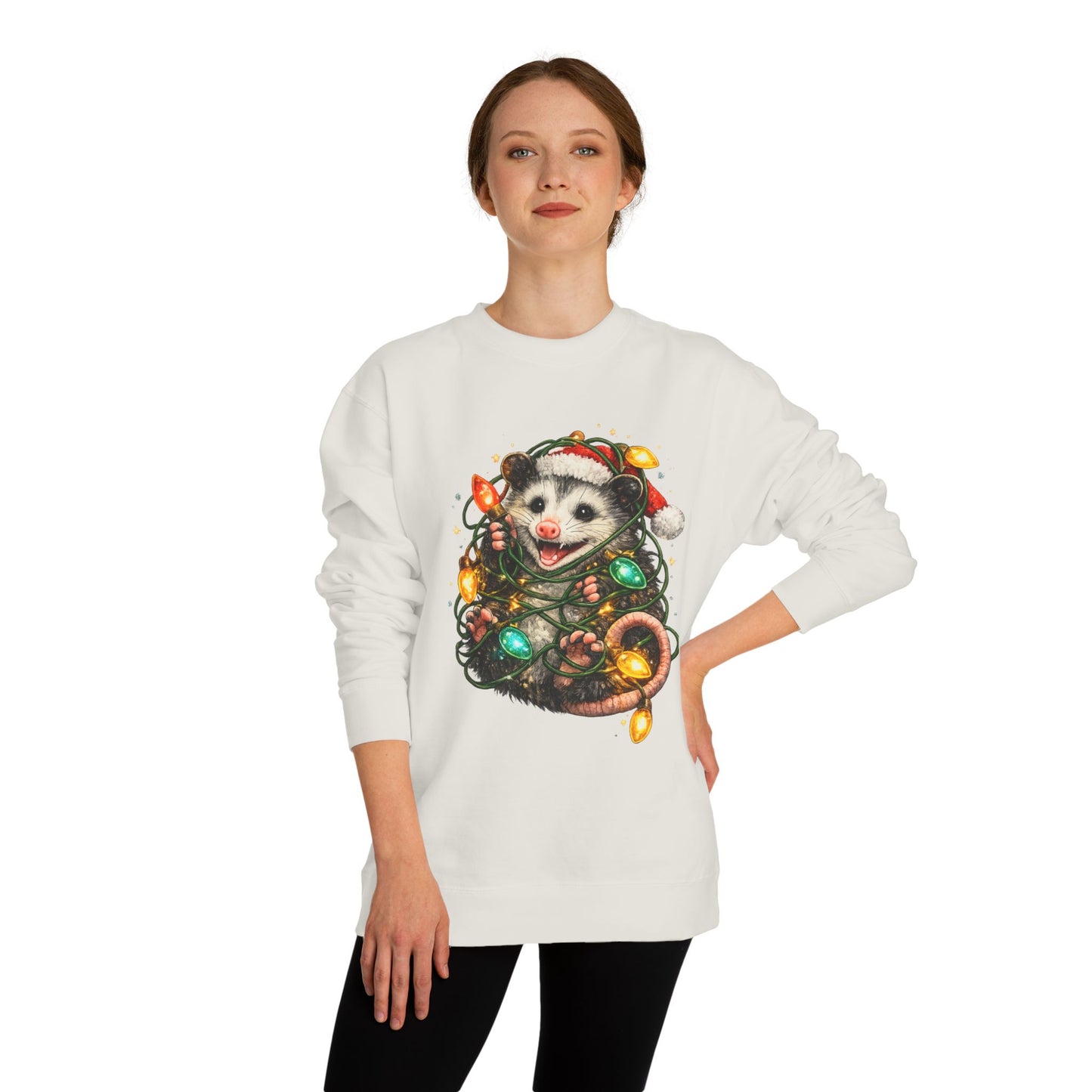 Christmas Opossum Sweatshirt — Cute Opossum Wrapped in Holiday Lights