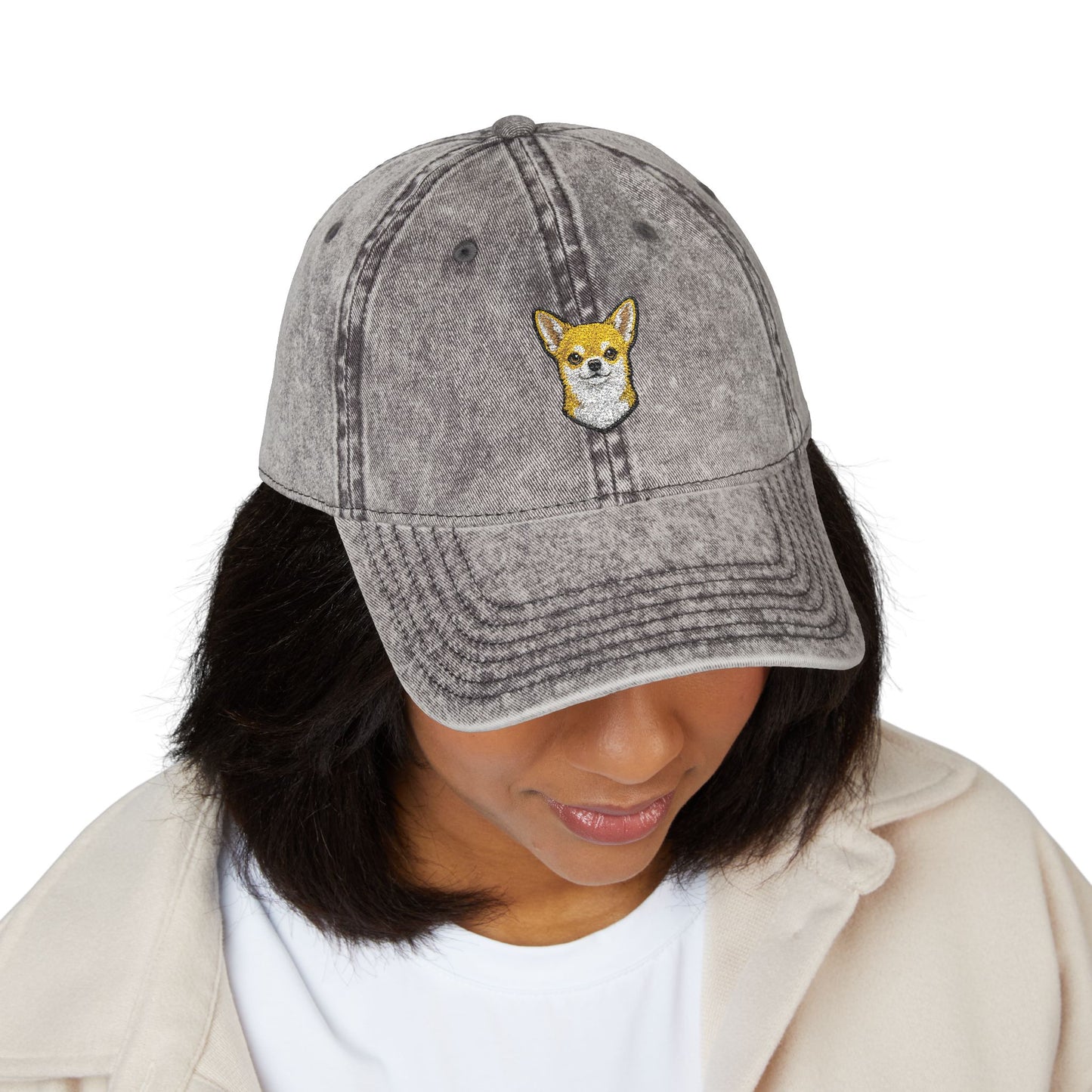 Embroidered Chihuahua Dog Face Cap | Vintage Washed Baseball Hat