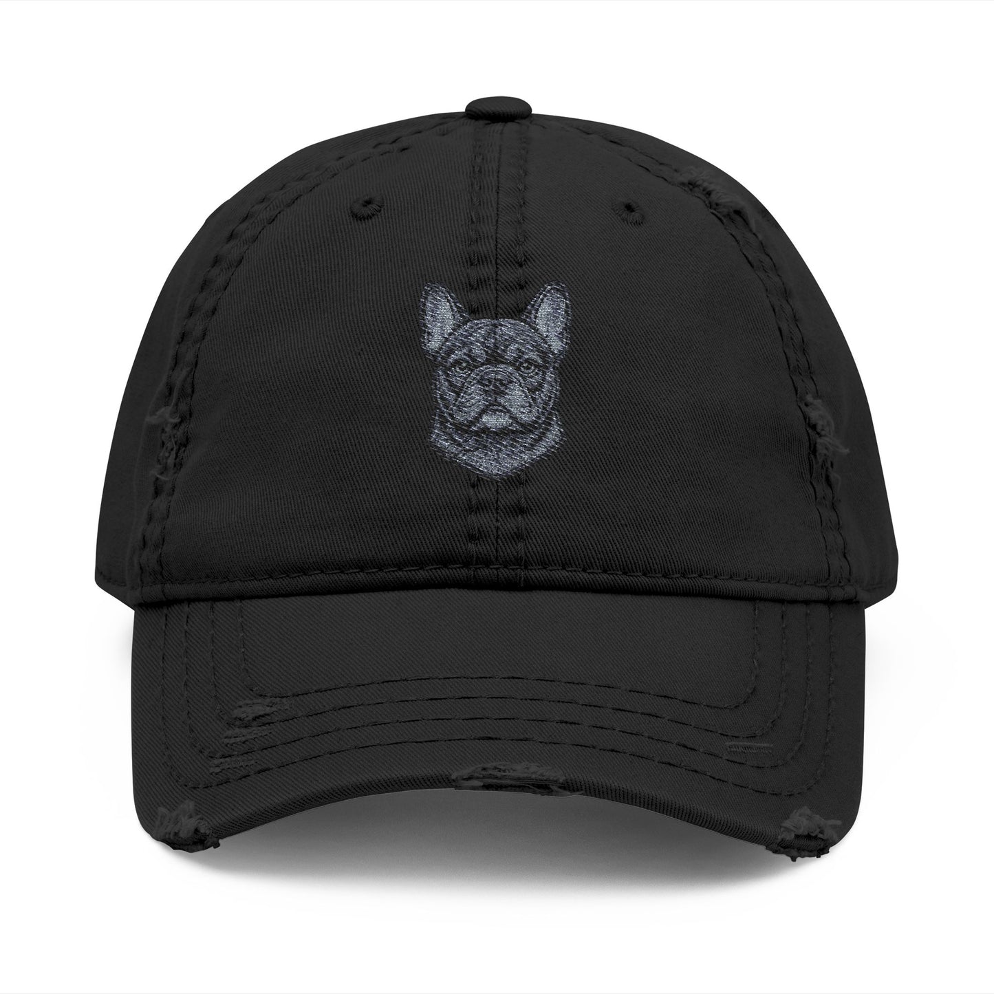 Embroidered Black French Bulldog Face Dad Hat | Distressed Baseball Cap