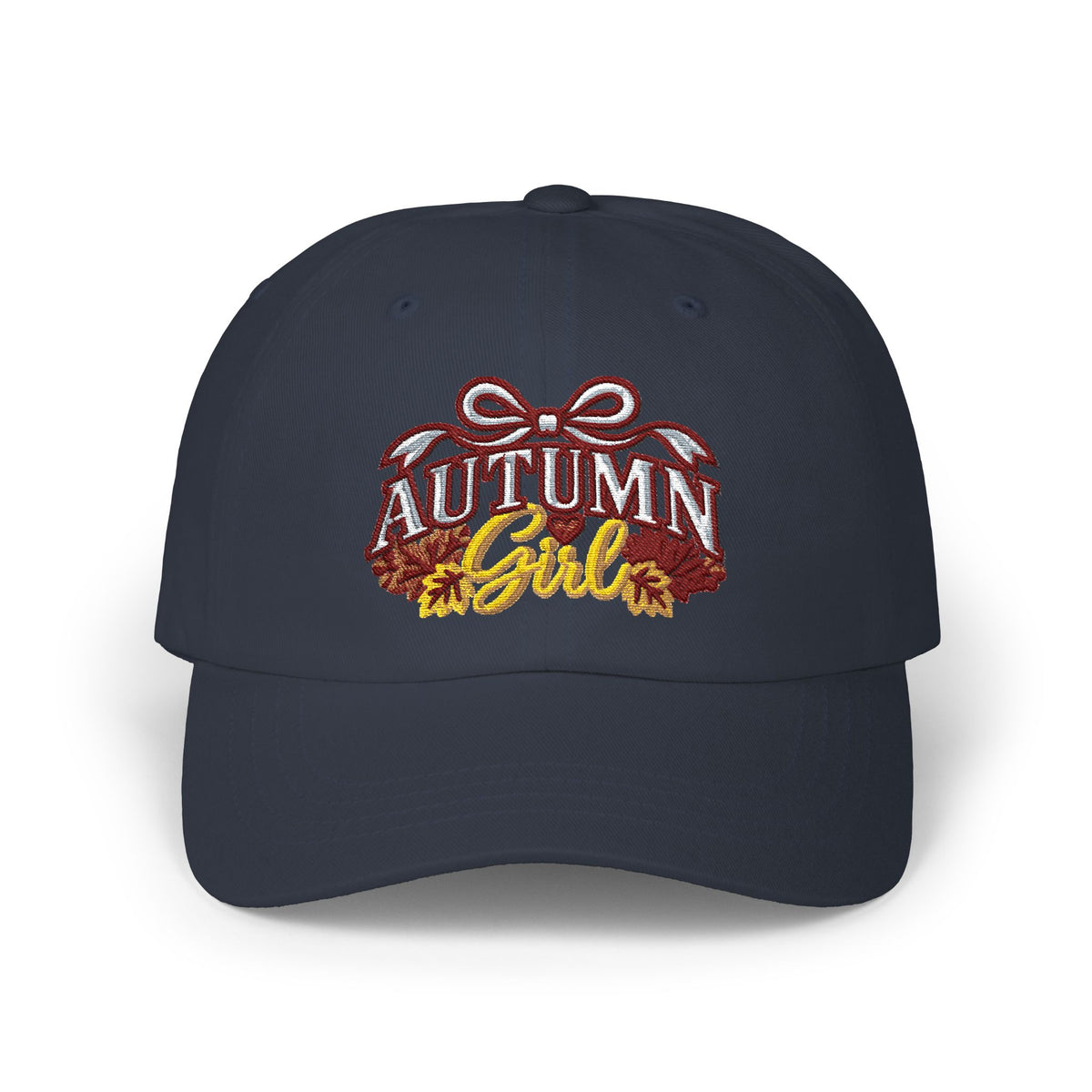 Autumn Girl embroidered design Classic Cap | fall leaves, ribbon