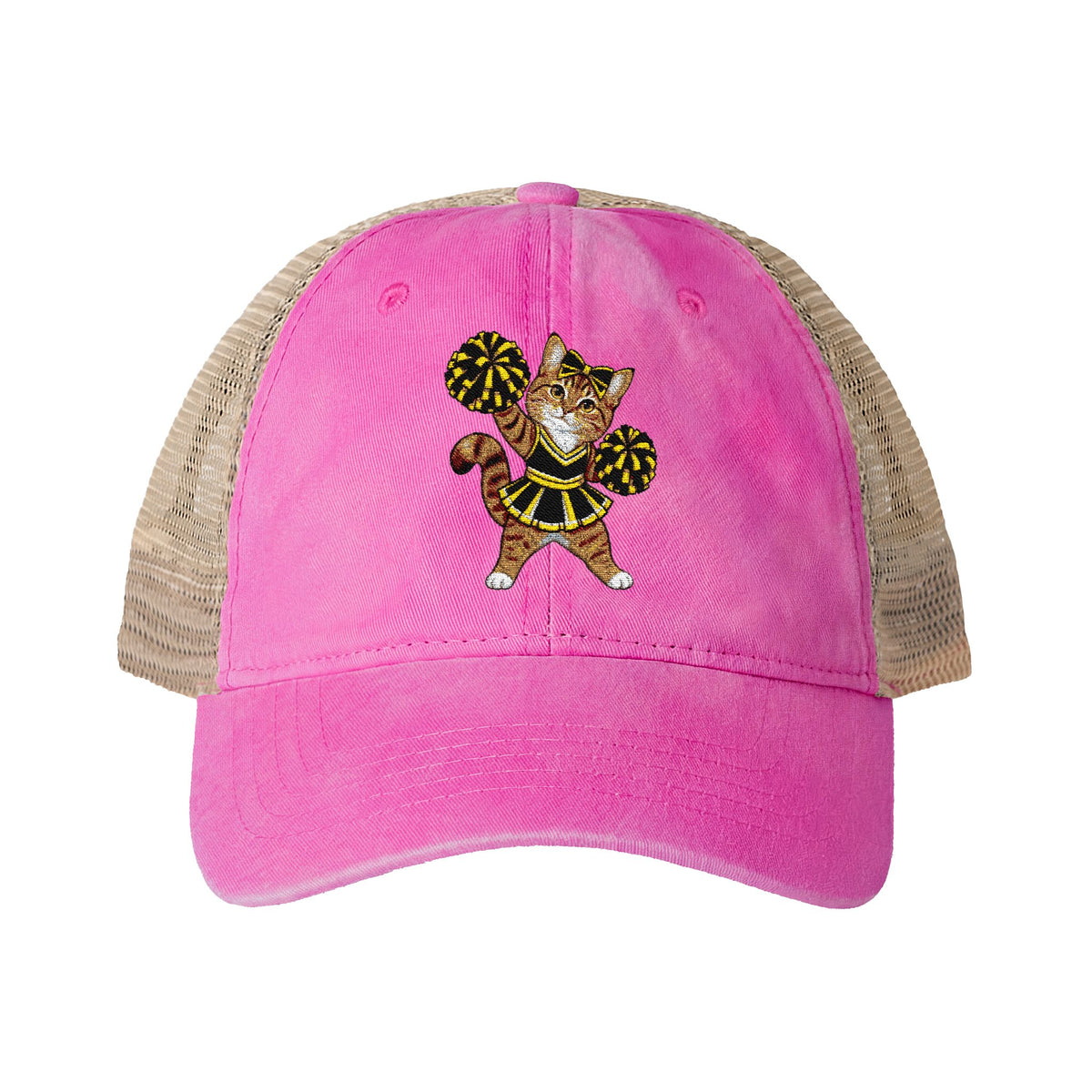 Orange Cheer Cat embroidered Women's Washed Mesh-Back Cap