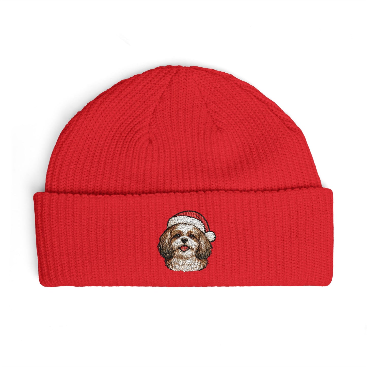Cuffed Beanie — Embroidered ShihTzu Dog in Santa Hat Winter cap
