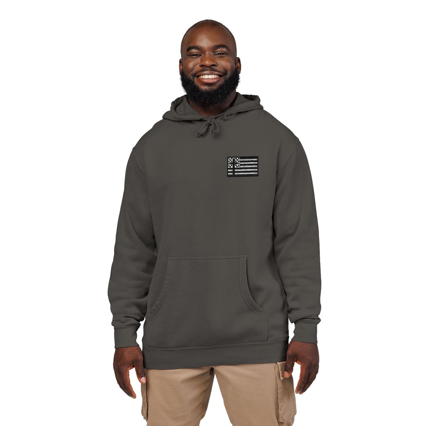 Embroidered Flag Patch Hoodie — Pigment-Dyed Casual Pullover