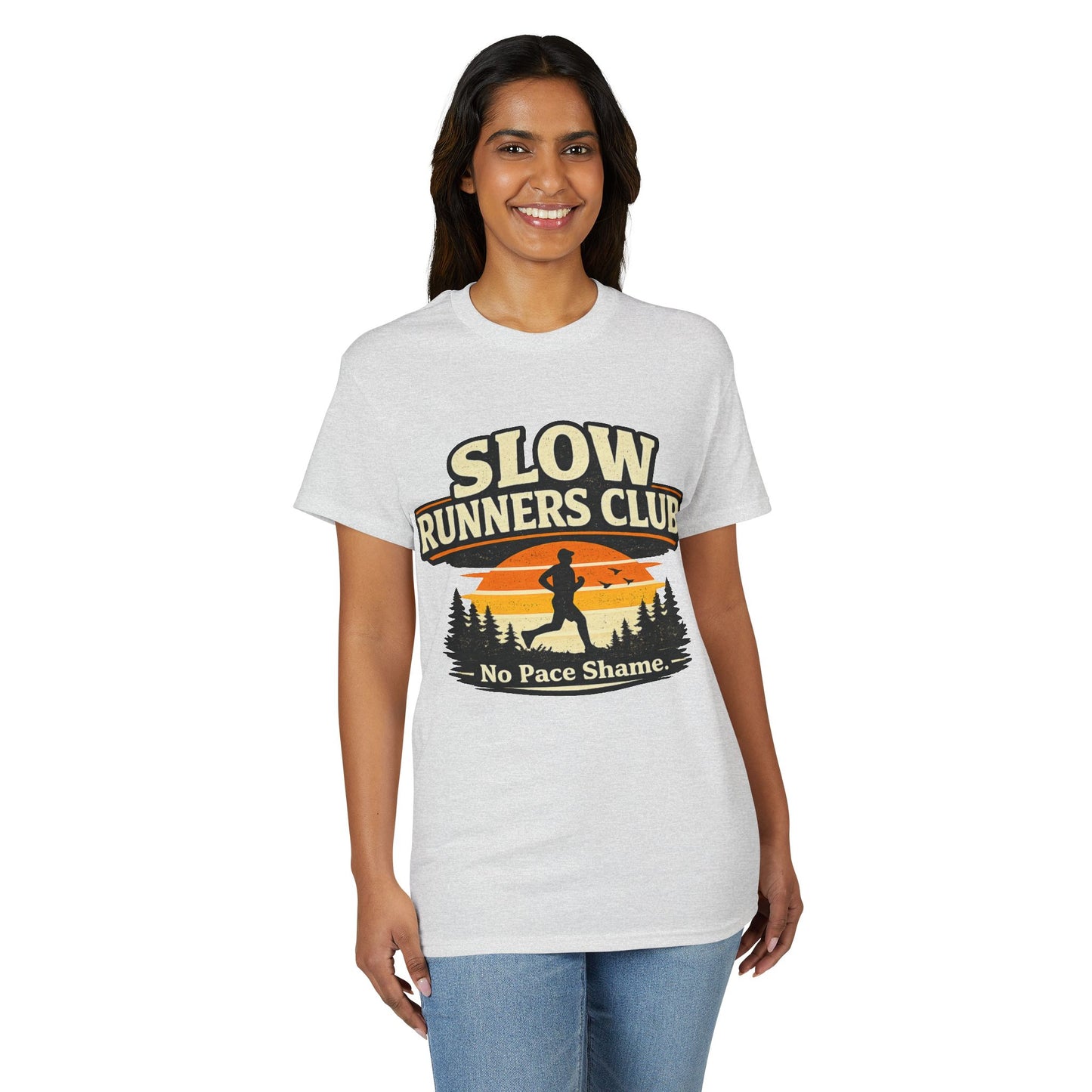 Slow Runners Club No Pace Shame T-Shirt | Retro Sunset Trail Running Shirt