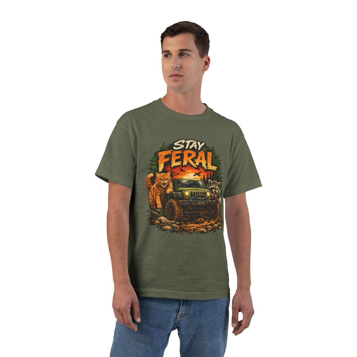 Stay Feral cat, raccoon and 4x4 T-Shirt | Outdoor Adventure Graphic Tee, humorous wildlife off-road tee