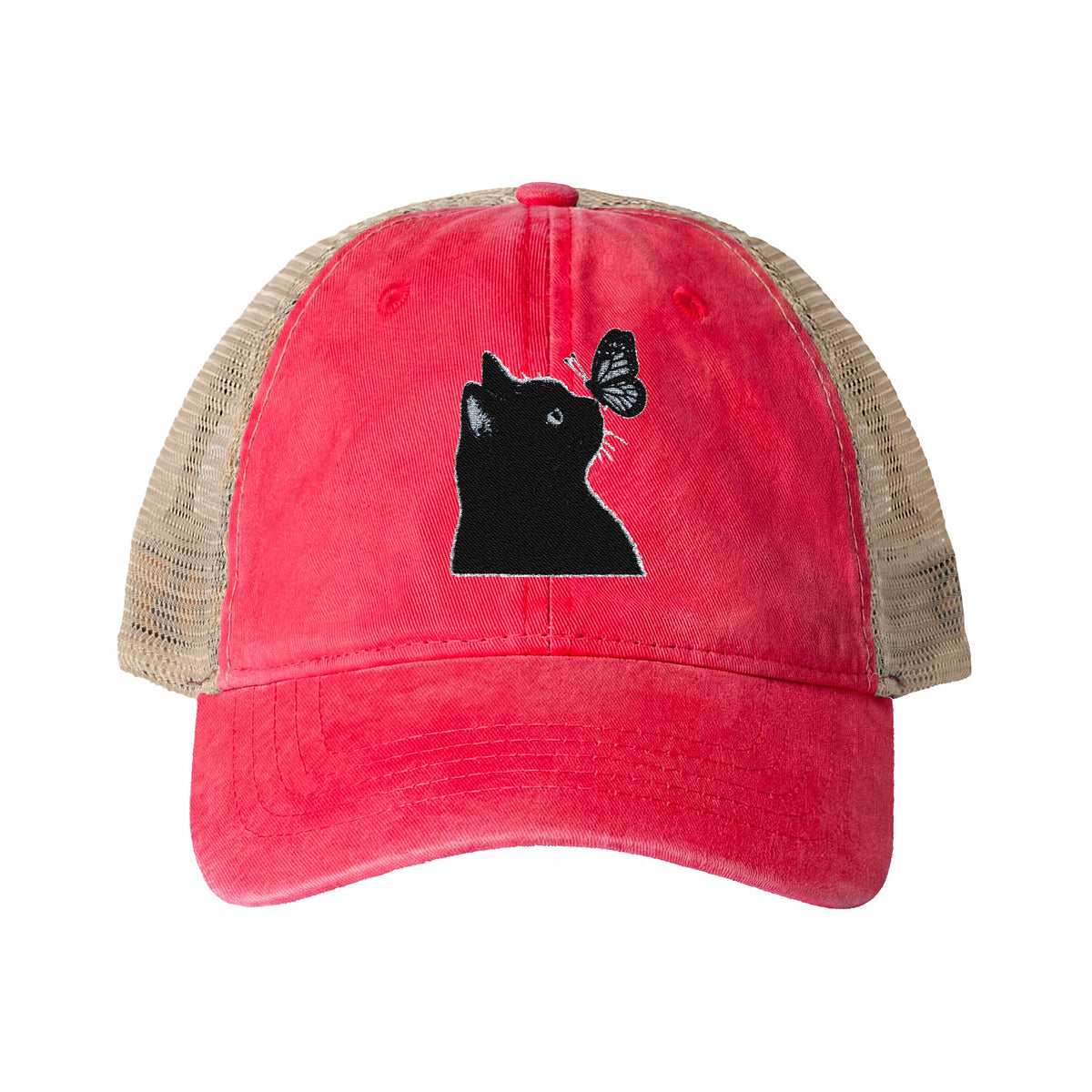 Black Cat embroidered Women's Washed Mesh-Back Cap