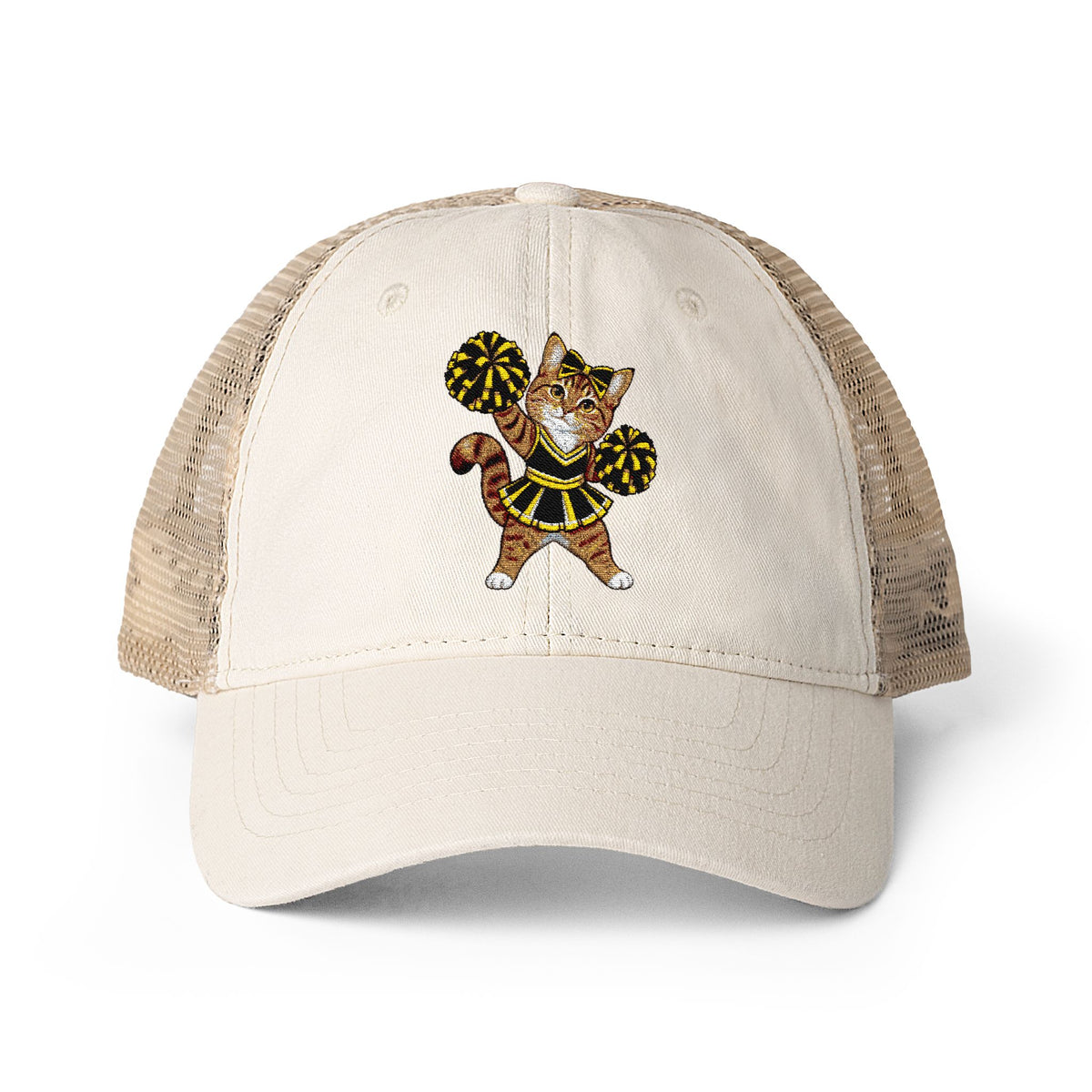 Orange Cheer Cat embroidered Women's Washed Mesh-Back Cap