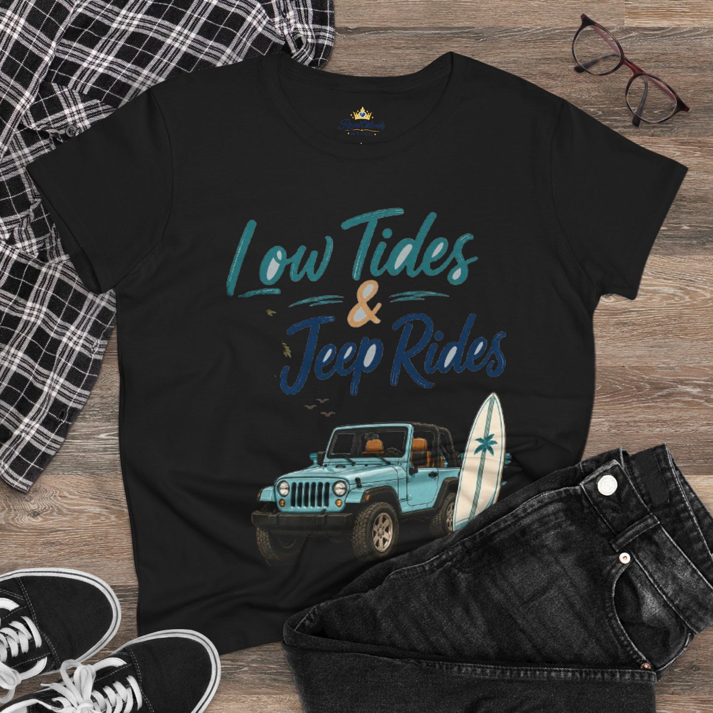 Low Tides & Jeep Rides Women's Tee — Beachy Surf Jeep Graphic T-Shirt