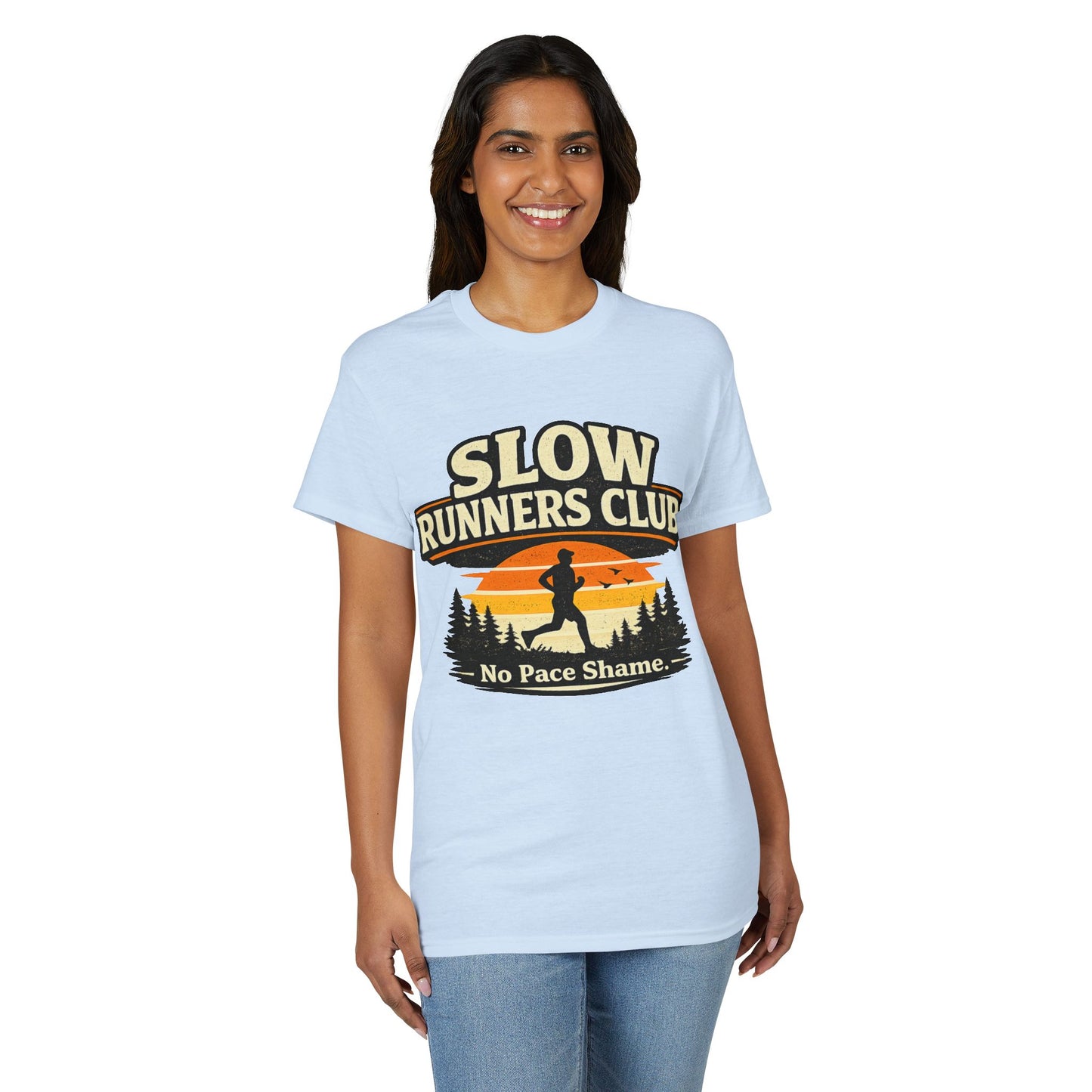 Slow Runners Club No Pace Shame T-Shirt | Retro Sunset Trail Running Shirt