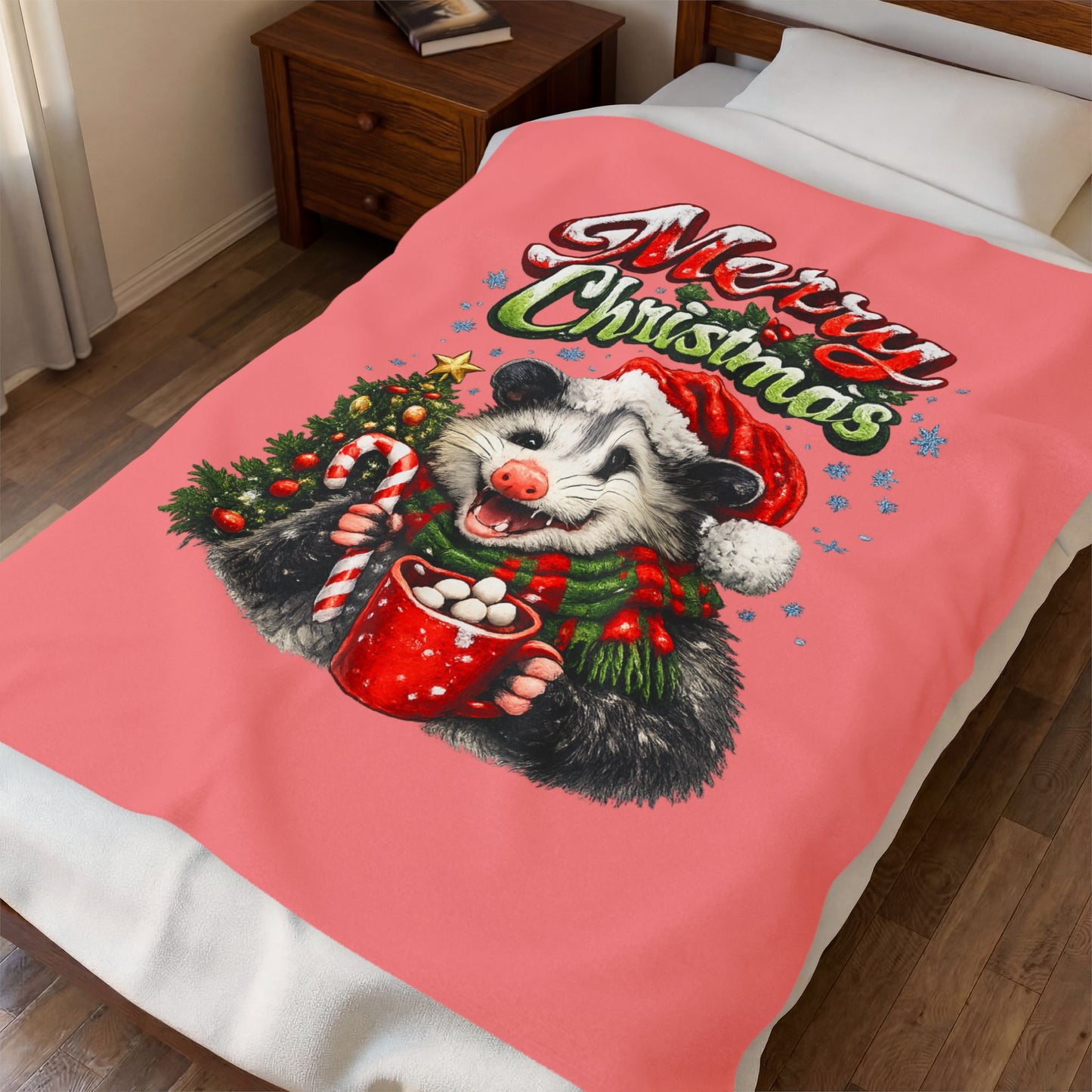 Merry Christmas Opossum Velveteen Plush Blanket