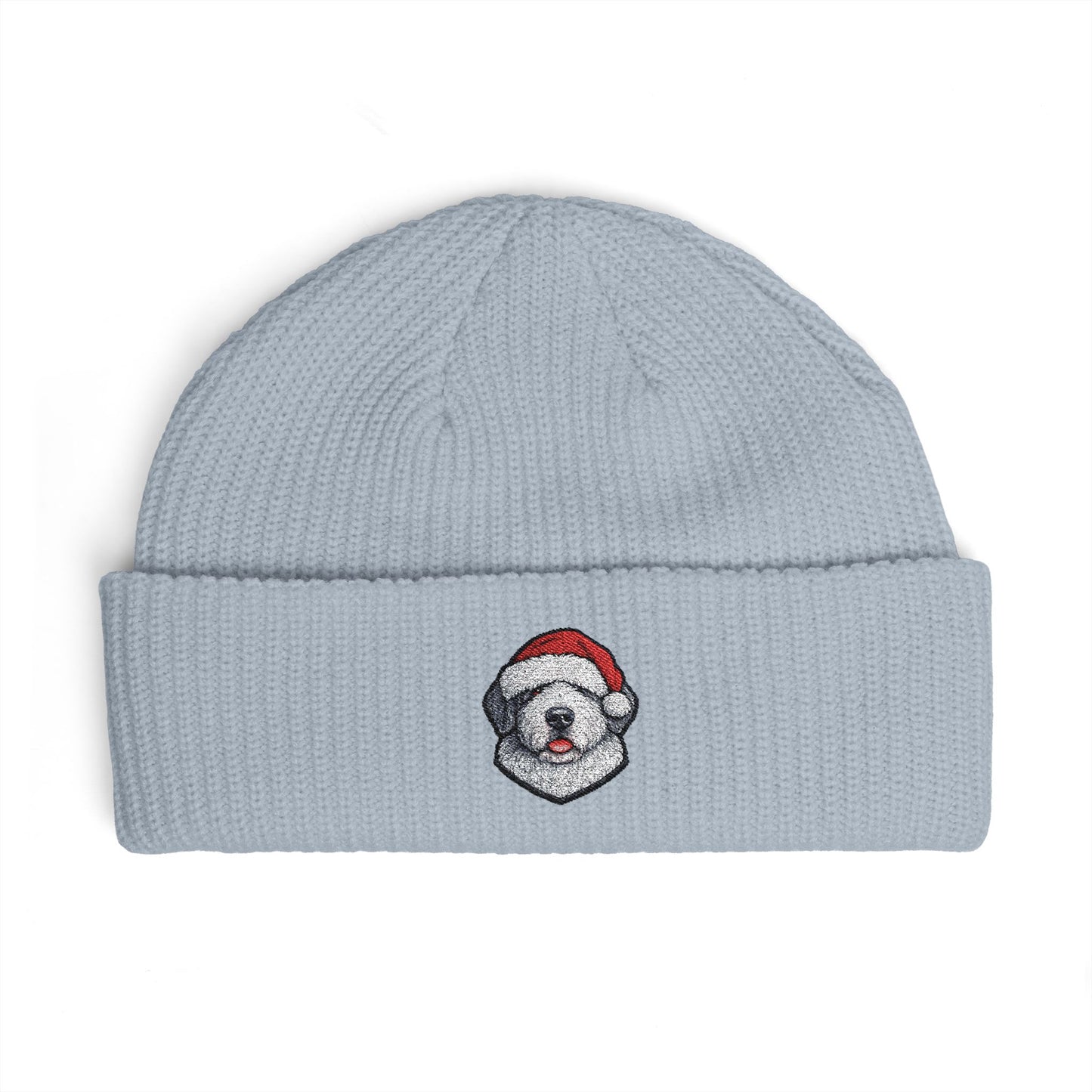 Cuffed Beanie — Embroidered Old English Sheep Dog in Santa Hat Winter Hat
