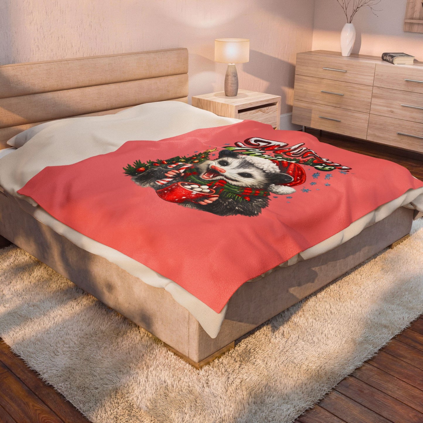 Merry Christmas Opossum Velveteen Plush Blanket