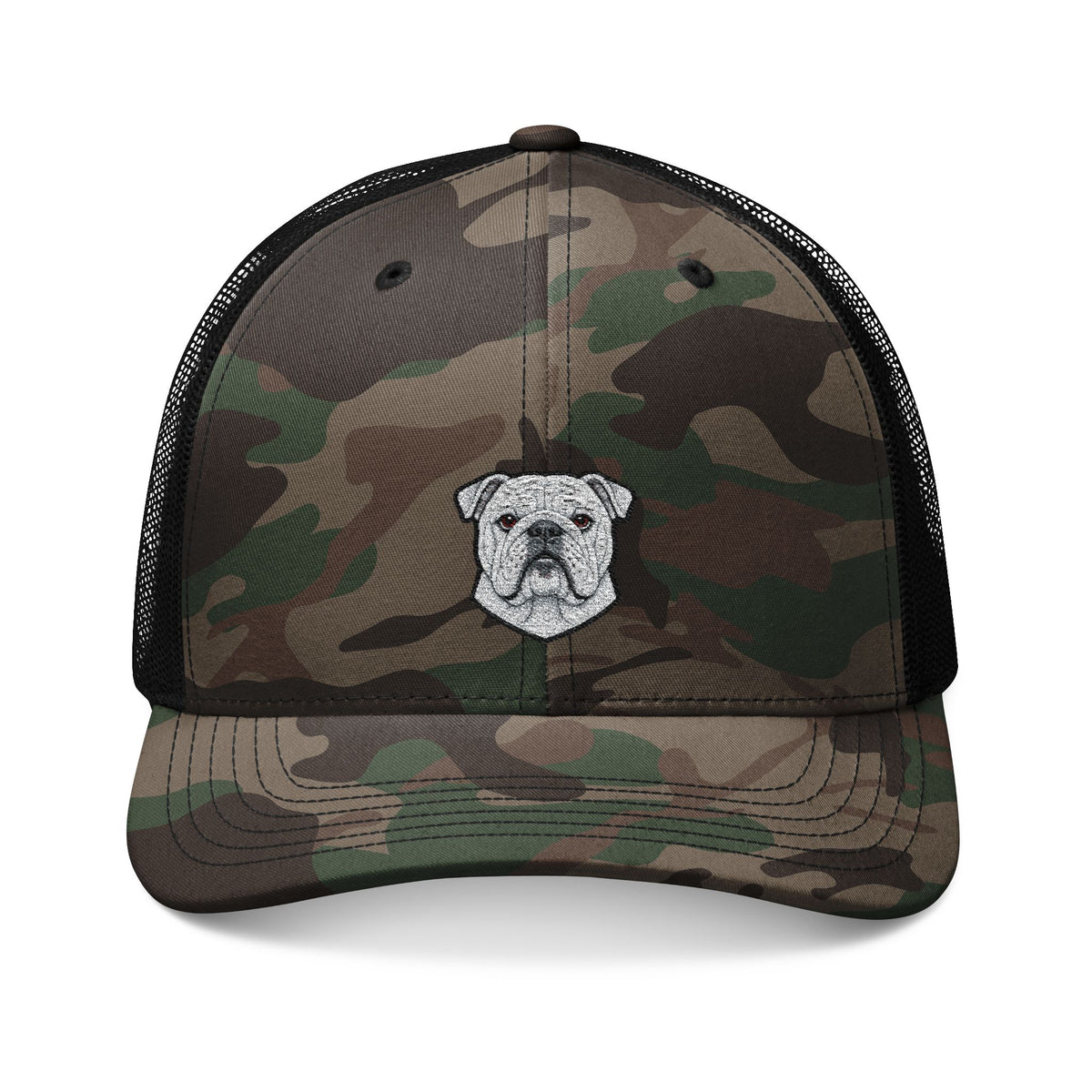 English Bulldog Face Embroidered Camouflage Trucker Hat